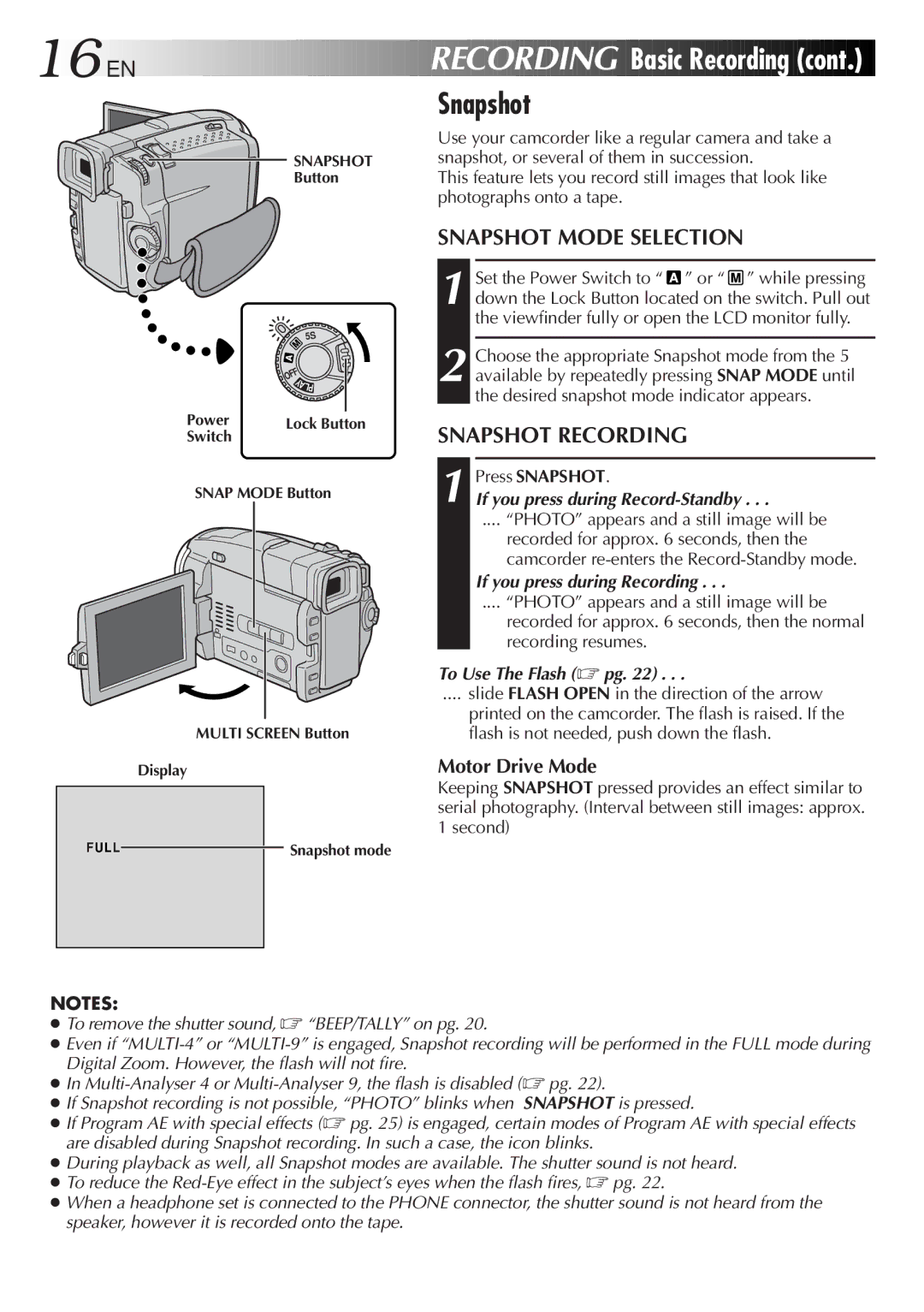 JVC GR-DVL9200 specifications Snapshot Mode Selection, Snapshot Recording, Motor Drive Mode 