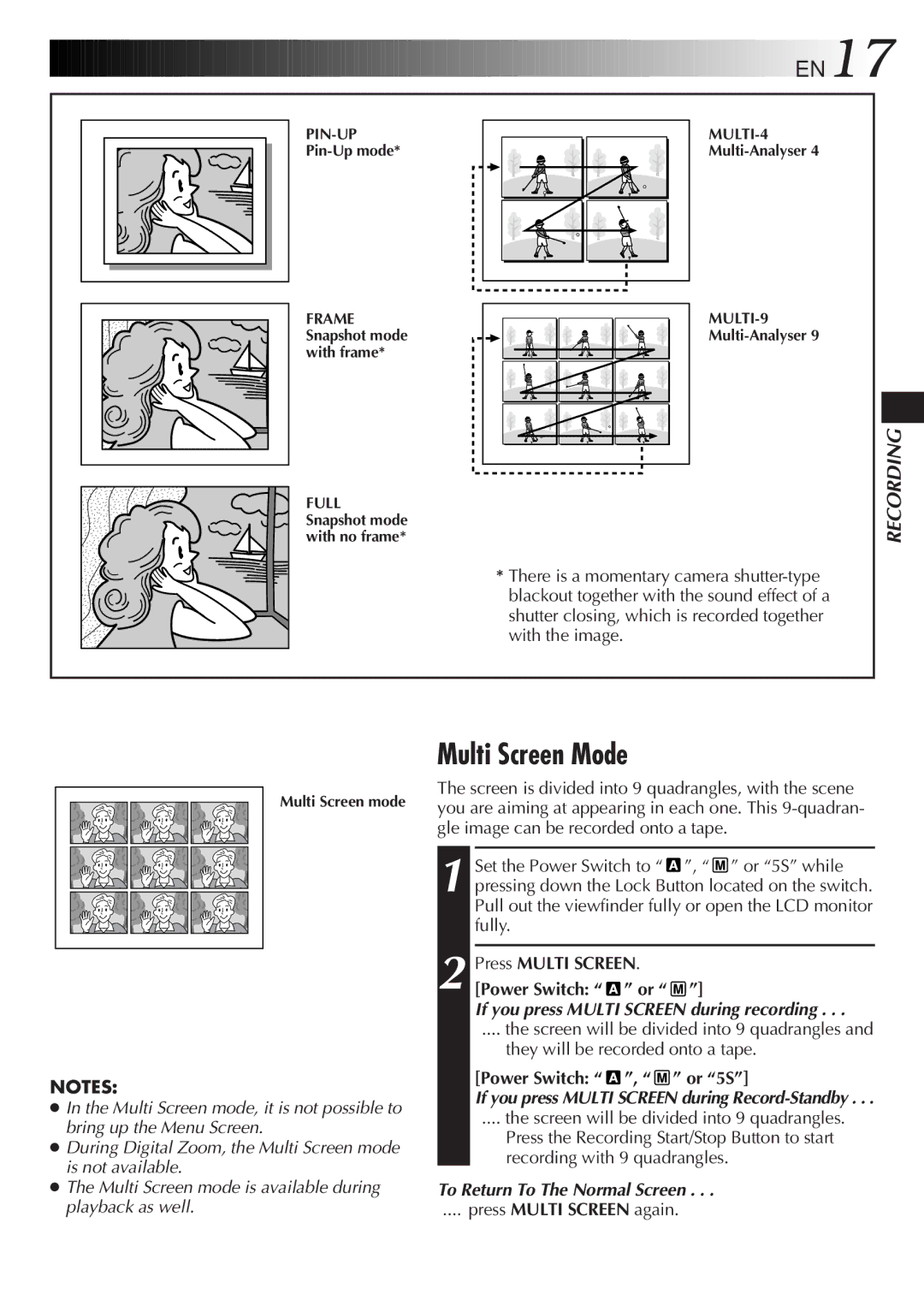 JVC GR-DVL9200 Multi Screen Mode, EN17, If you press Multi Screen during recording, To Return To The Normal Screen 