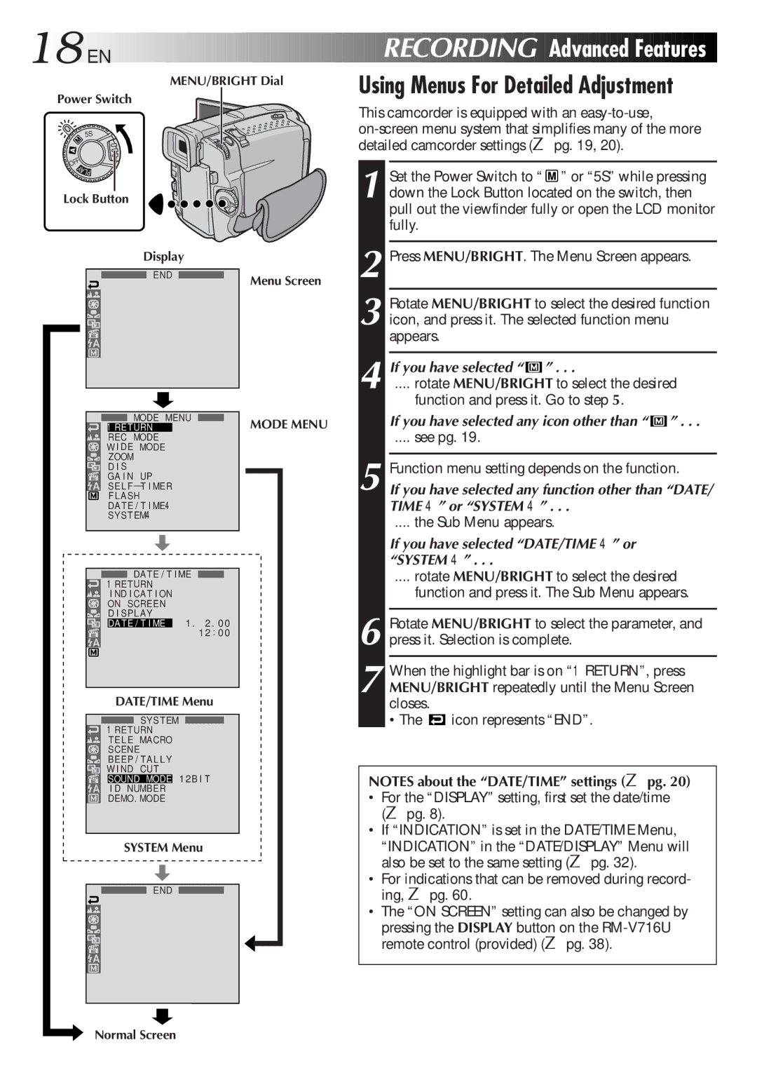 JVC GR-DVL9200 specifications 18 EN, Recording Advanced Features, Using Menus For Detailed Adjustment 