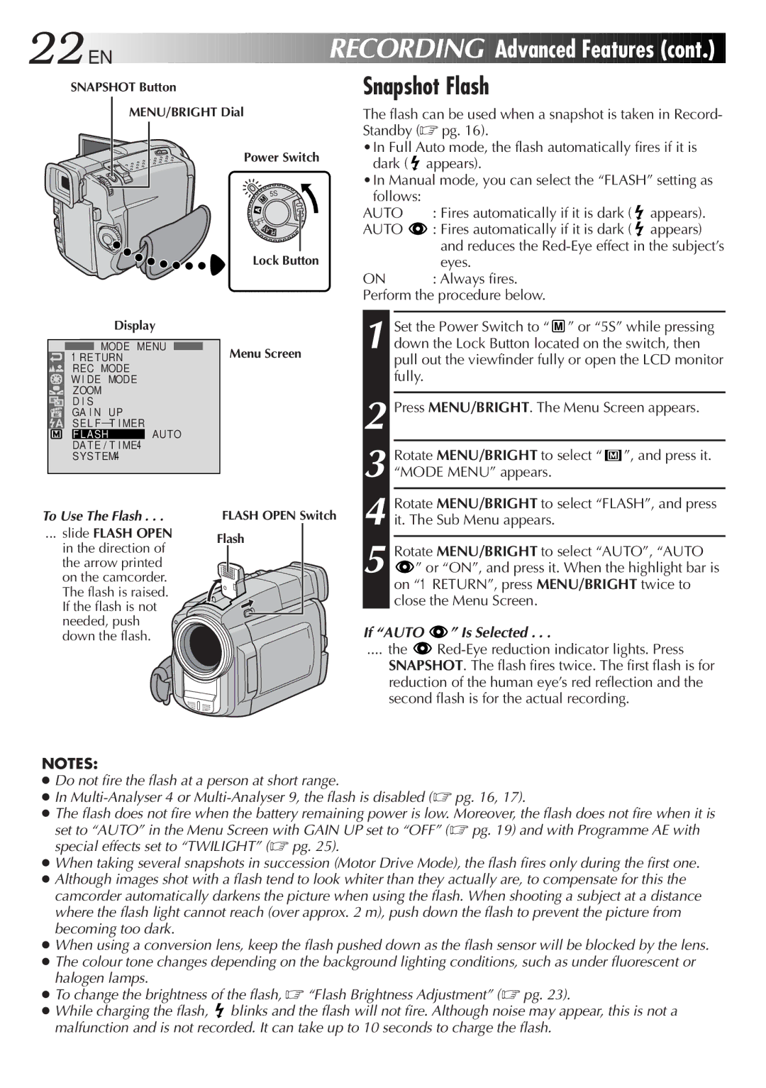 JVC GR-DVL9200 Snapshot Flash, Fires automatically if it is dark Appears, Eyes Always fires Perform the procedure below 