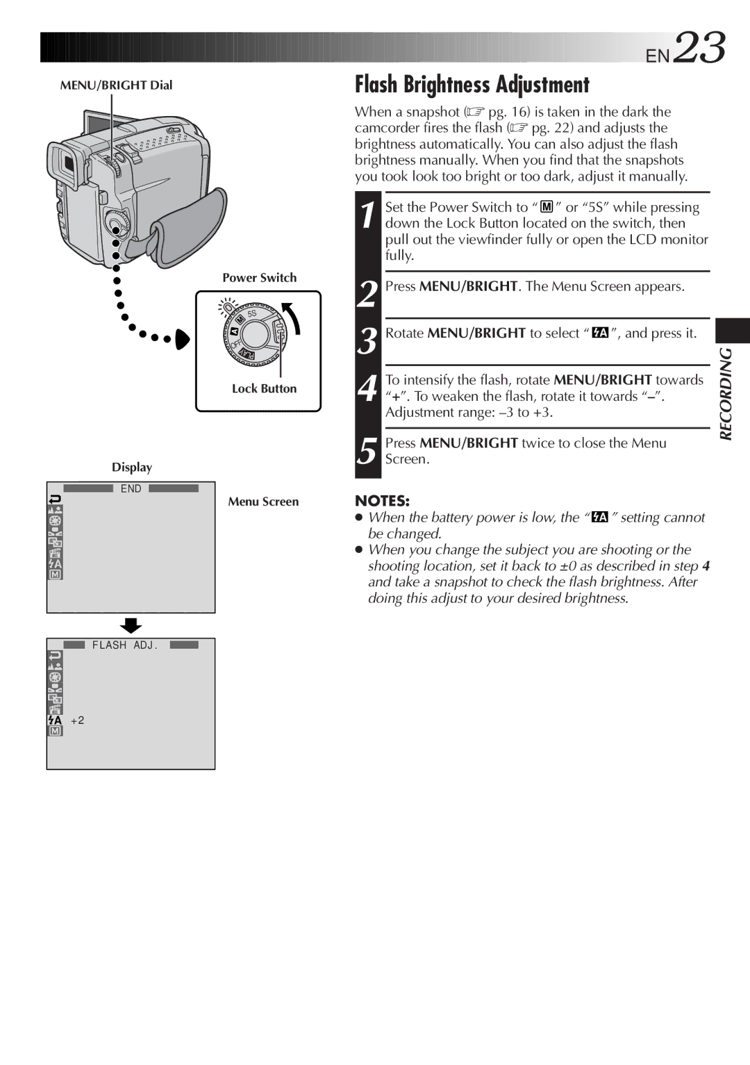 JVC GR-DVL9200 specifications Flash Brightness Adjustment, EN23, Down the Lock Button located on the switch, then, Press it 