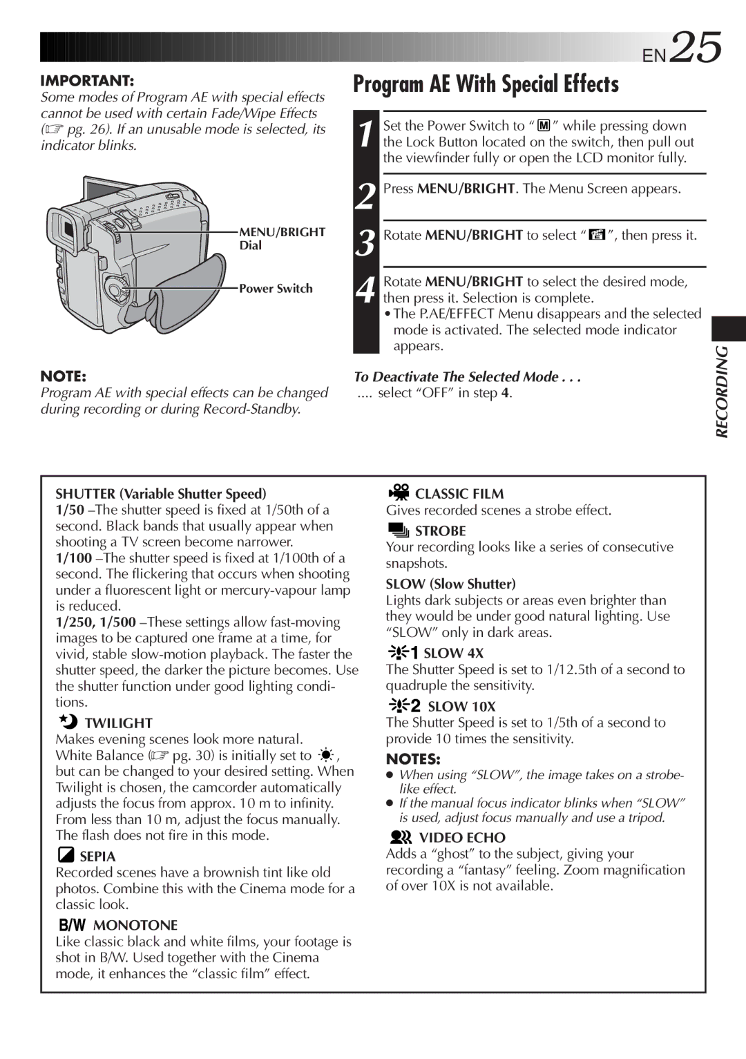 JVC GR-DVL9200 specifications Program AE With Special Effects, EN25, To Deactivate The Selected Mode 