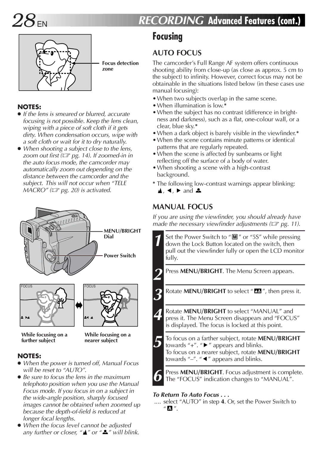 JVC GR-DVL9200 specifications 28 EN, Focusing, Manual Focus, To Return To Auto Focus 