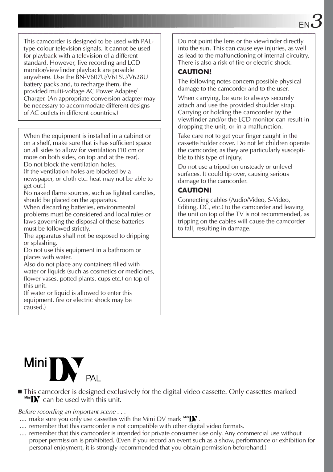 JVC GR-DVL9200 specifications EN3, Before recording an important scene 