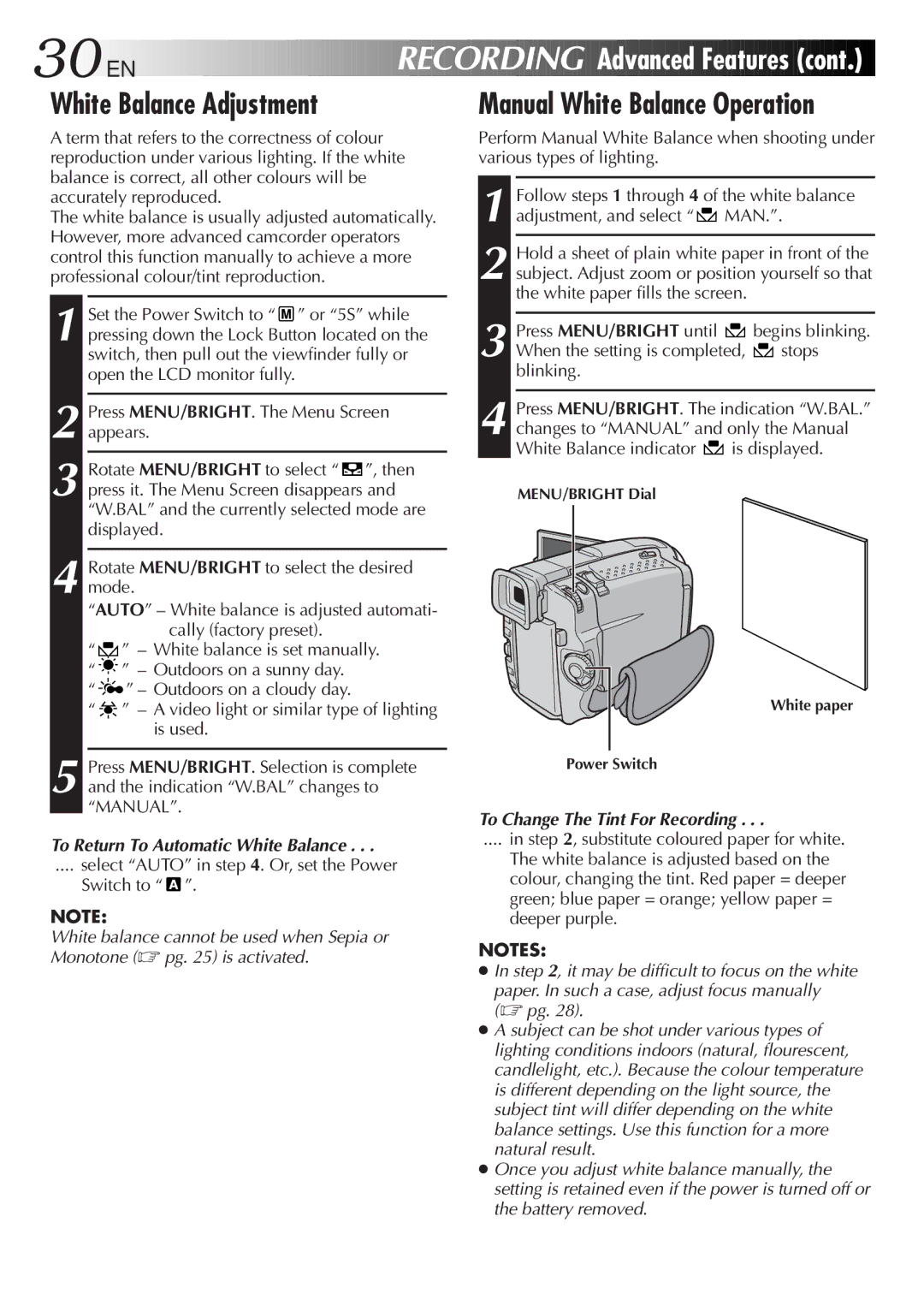 JVC GR-DVL9200 30 EN, White Balance Adjustment, Manual White Balance Operation, To Return To Automatic White Balance 