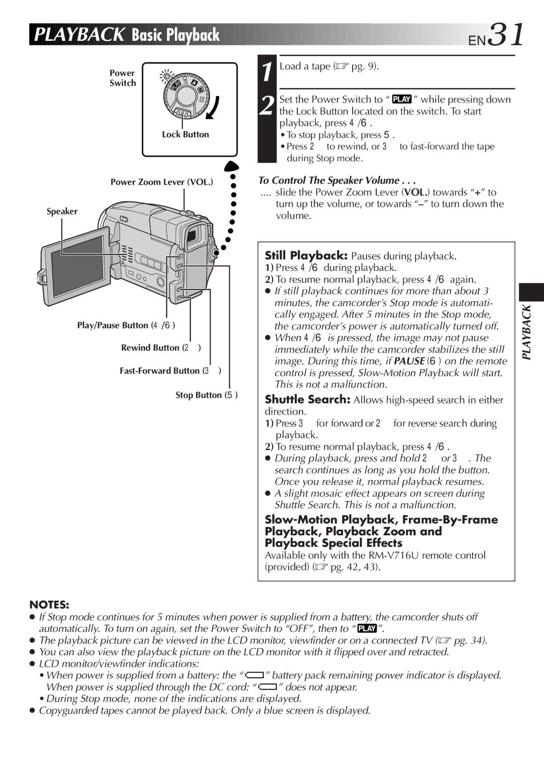 JVC GR-DVL9200 specifications Basic Playback, EN31, To Control The Speaker Volume 