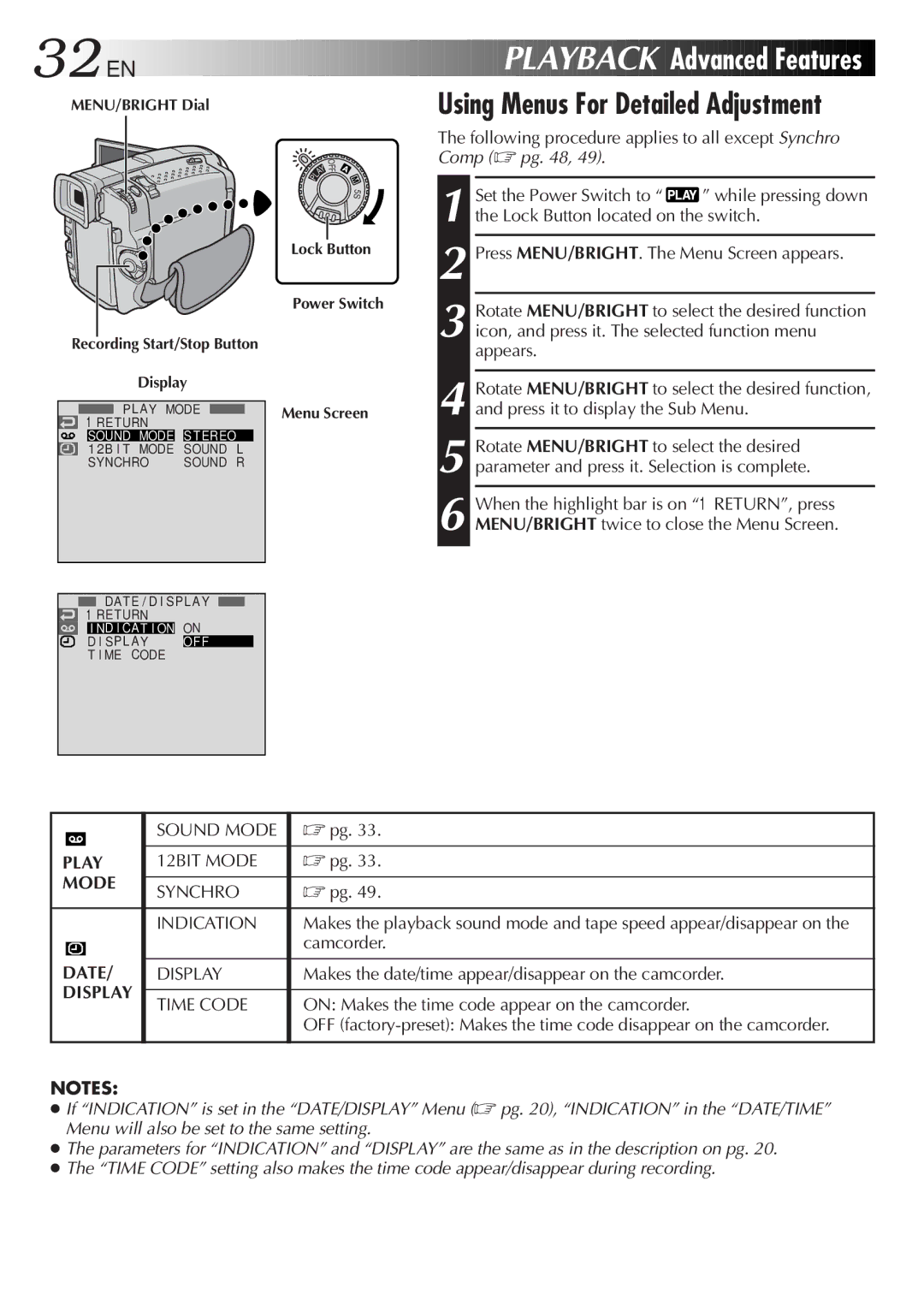 JVC GR-DVL9200 specifications 32 EN, Play, Mode, Date, Display 