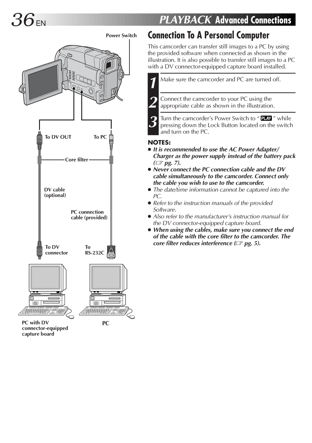 JVC GR-DVL9200 specifications 36 EN, Playback Advanced Connections, Connection To a Personal Computer 