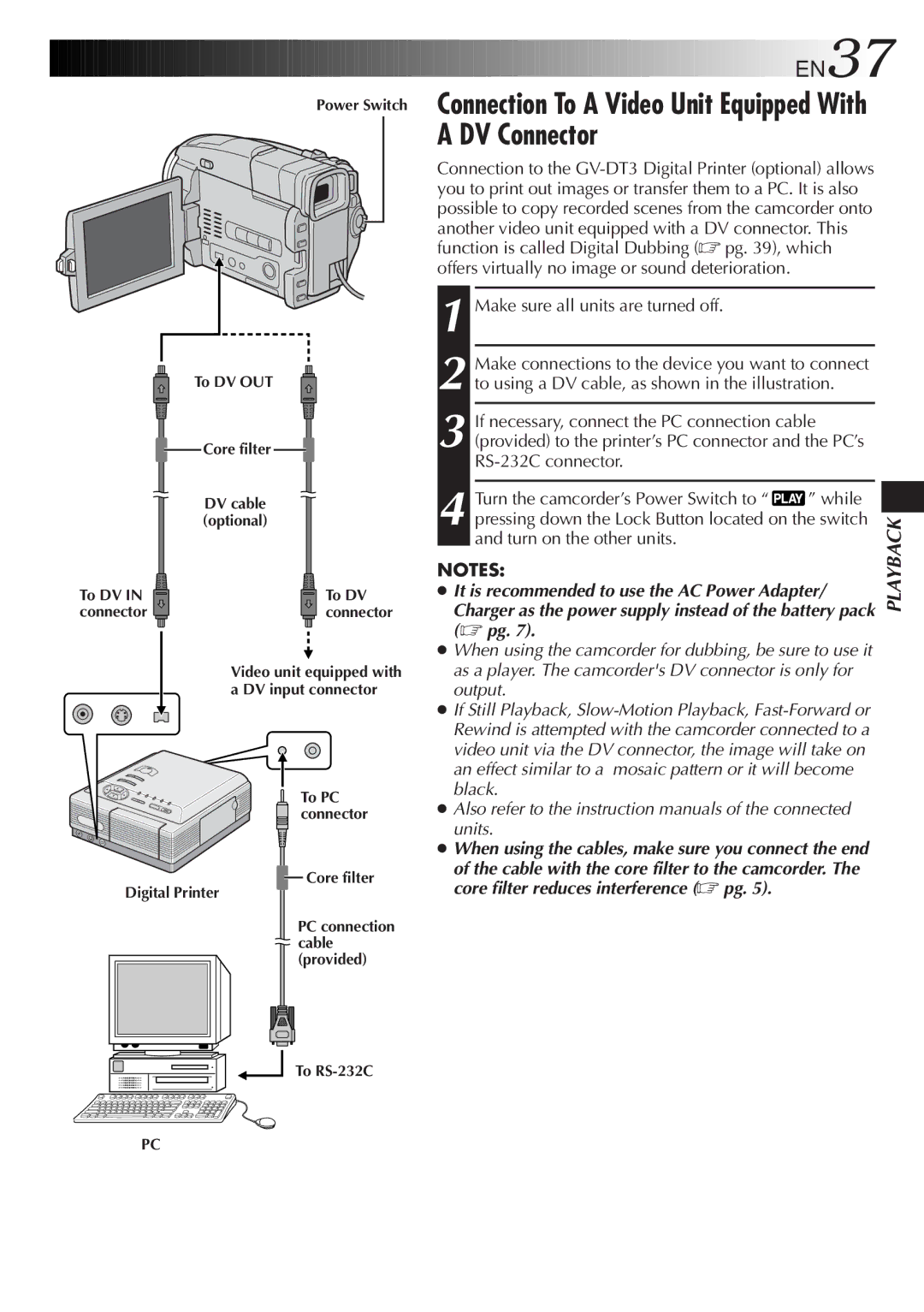 JVC GR-DVL9200 Connection To a Video Unit Equipped With a DV Connector, EN37, Make sure all units are turned off 