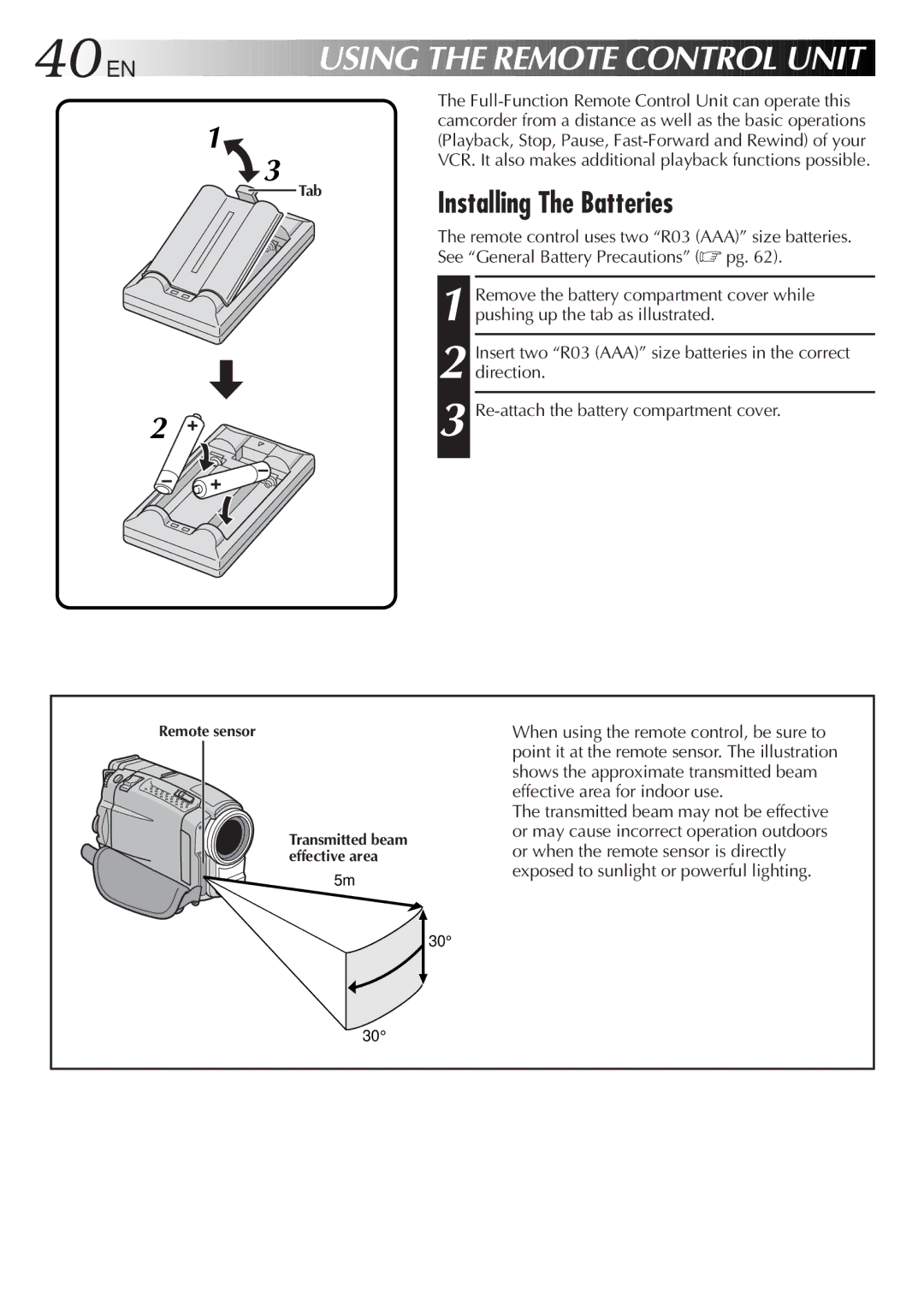 JVC GR-DVL9200 specifications 40 EN, Installing The Batteries 