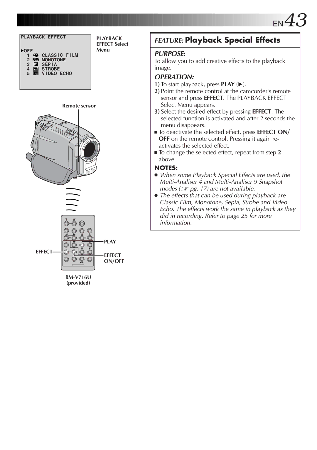 JVC GR-DVL9200 specifications EN43, To allow you to add creative effects to the playback image 