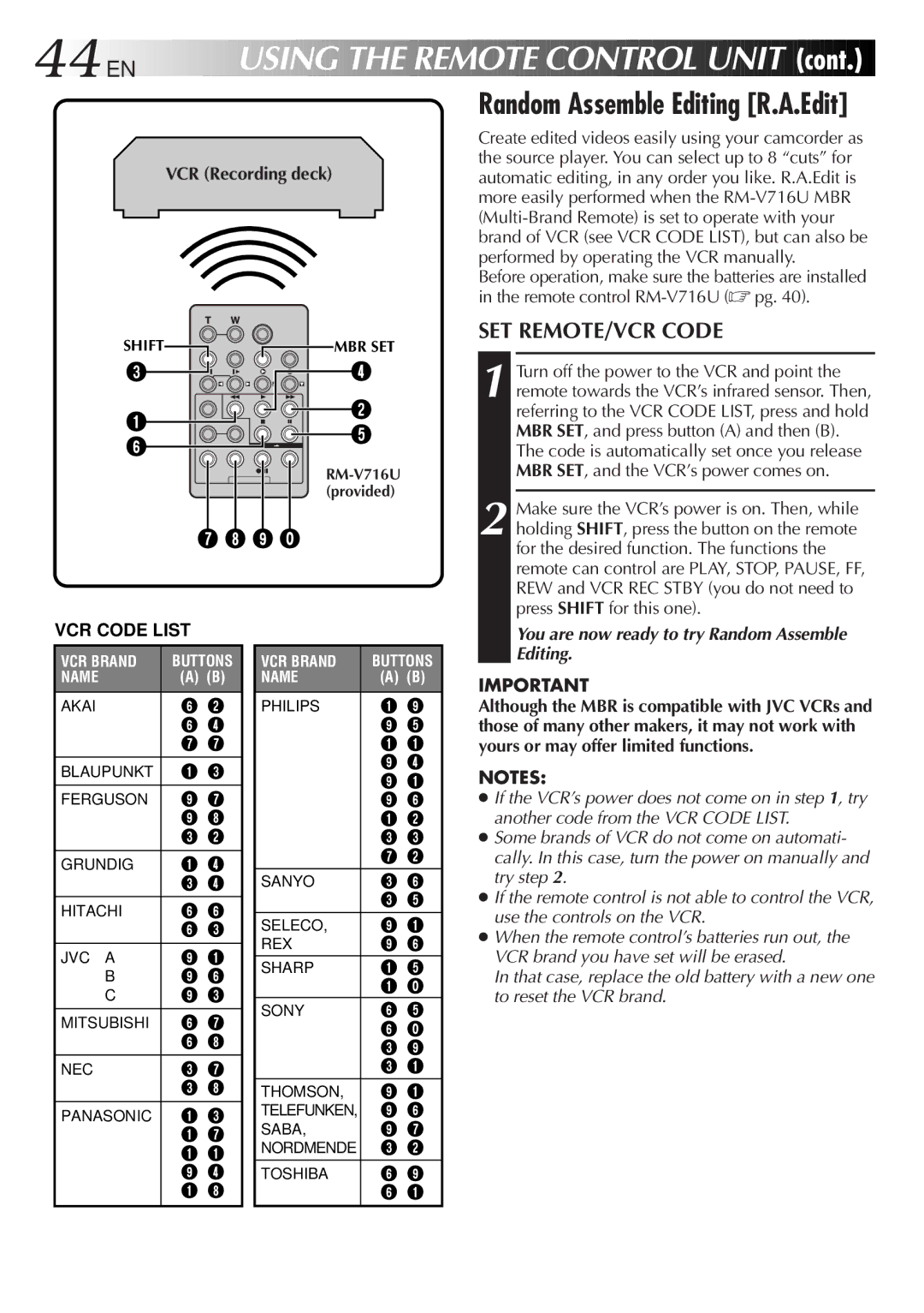 JVC GR-DVL9200 specifications 44 EN, SET REMOTE/VCR Code, You are now ready to try Random Assemble Editing 