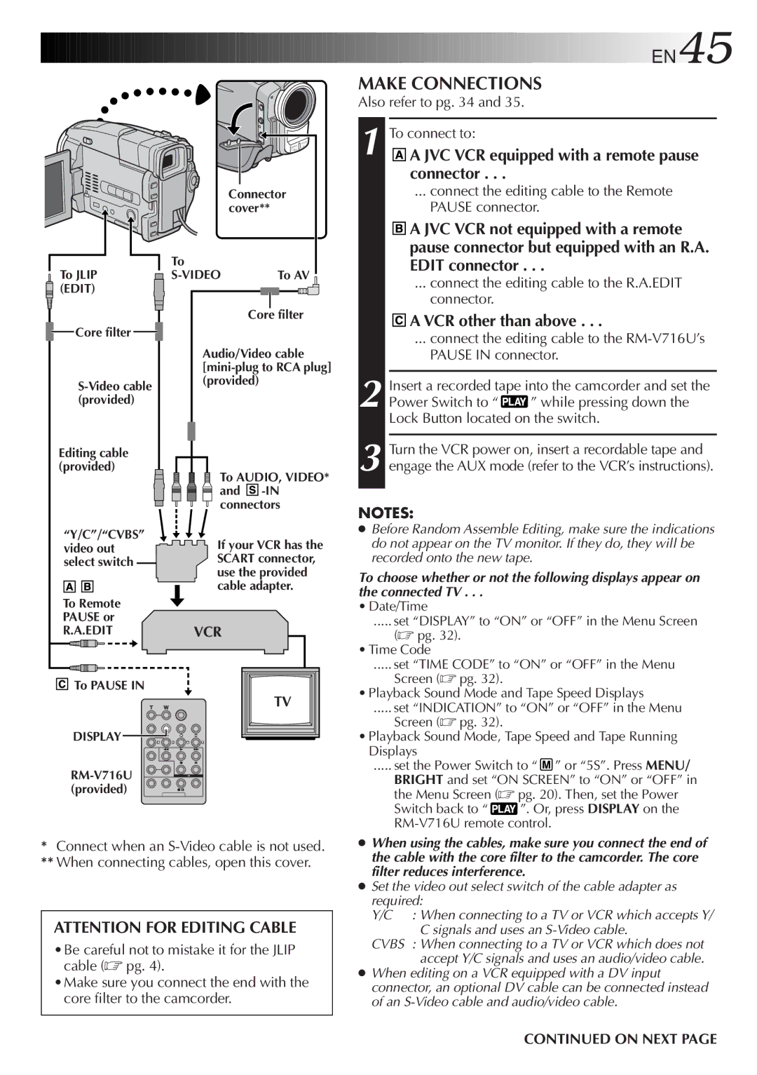 JVC GR-DVL9200 EN45, Make Connections, JVC VCR equipped with a remote pause connector, VCR other than above, Vcr 