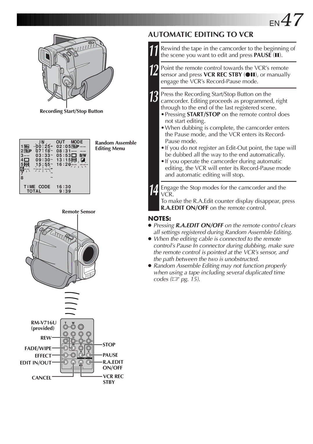 JVC GR-DVL9200 specifications EN47, Automatic Editing to VCR 