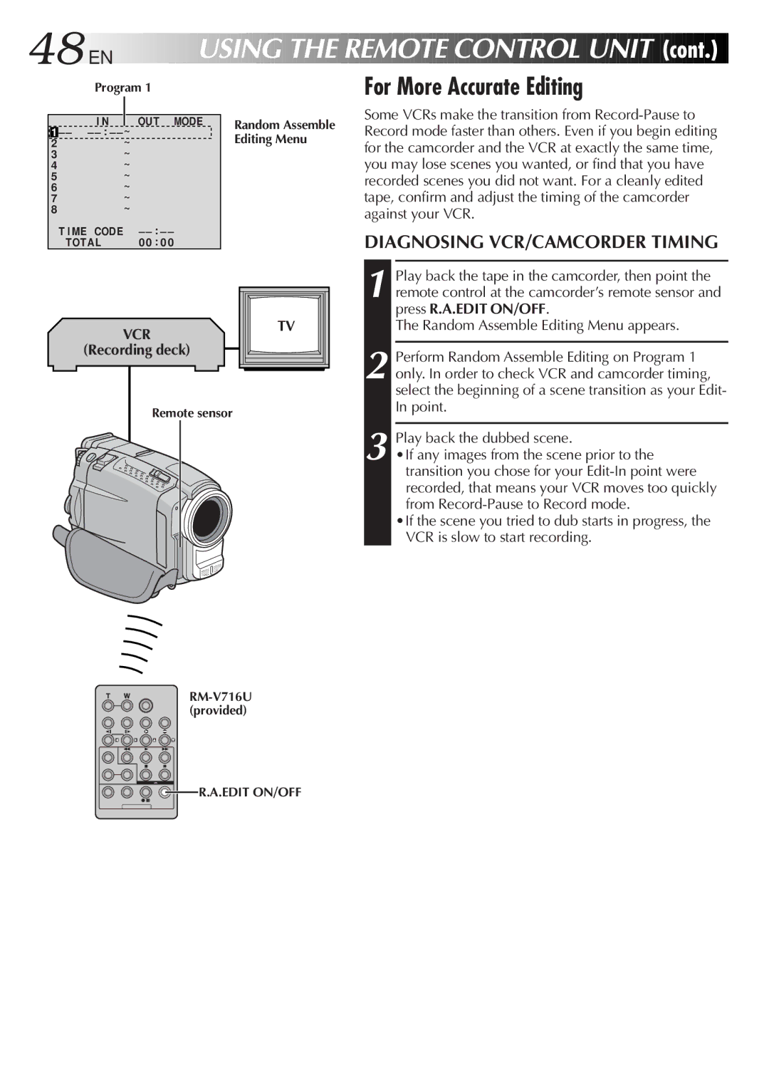 JVC GR-DVL9200 specifications 48 EN, For More Accurate Editing, Diagnosing VCR/CAMCORDER Timing, Recording deck 