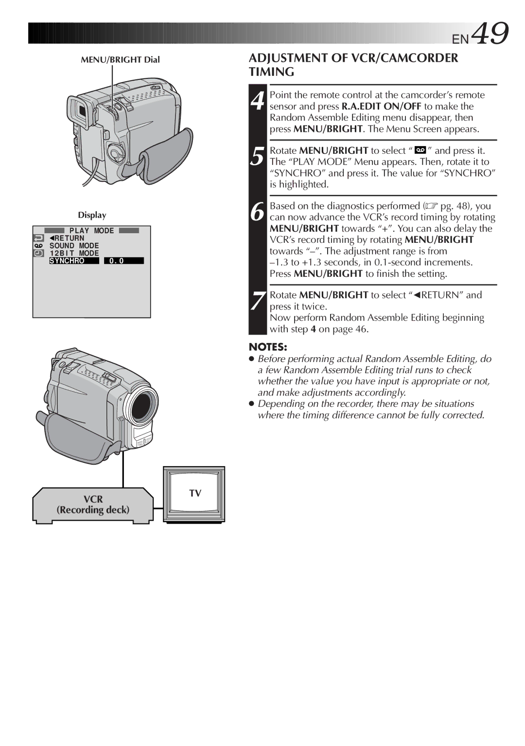 JVC GR-DVL9200 specifications EN49, Adjustment of VCR/CAMCORDER Timing 