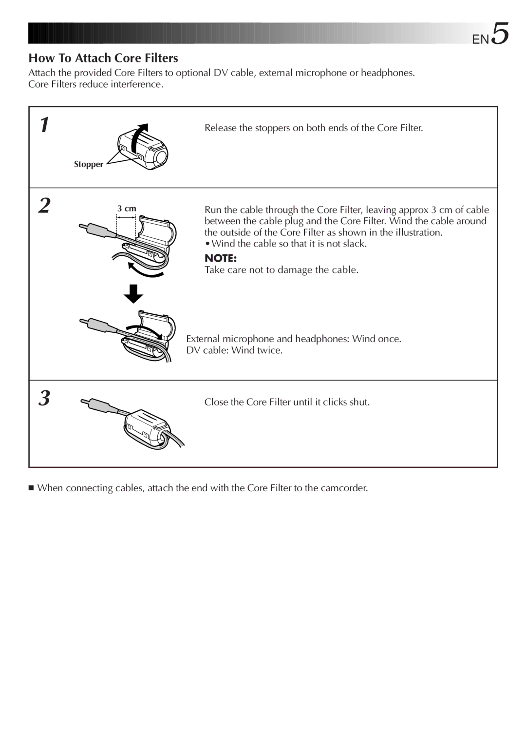 JVC GR-DVL9200 EN5, Outside of the Core Filter as shown in the illustration, Wind the cable so that it is not slack 