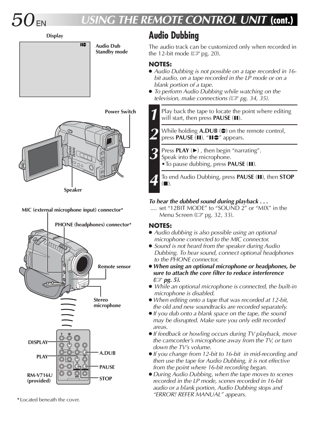 JVC GR-DVL9200 specifications 50 EN, Audio Dubbing, To hear the dubbed sound during playback 