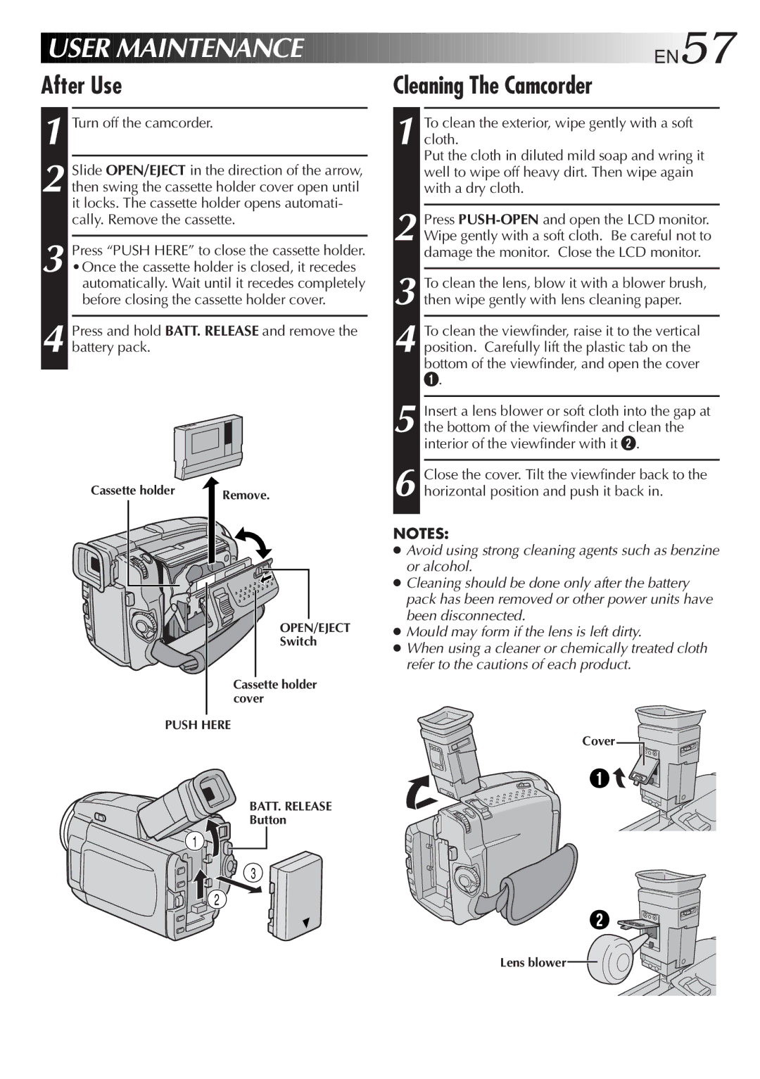 JVC GR-DVL9200 After Use, EN57, Cleaning The Camcorder, Press and hold BATT. Release and remove the battery pack 