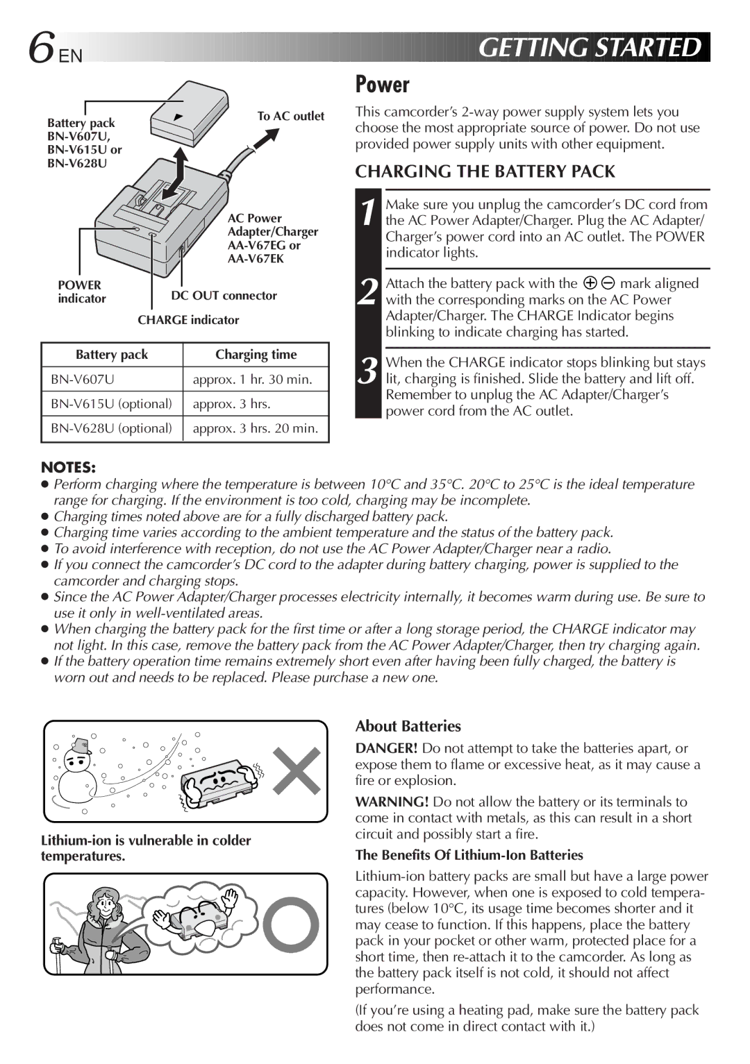 JVC GR-DVL9200 Power, Charging the Battery Pack, About Batteries, Lithium-ion is vulnerable in colder temperatures 