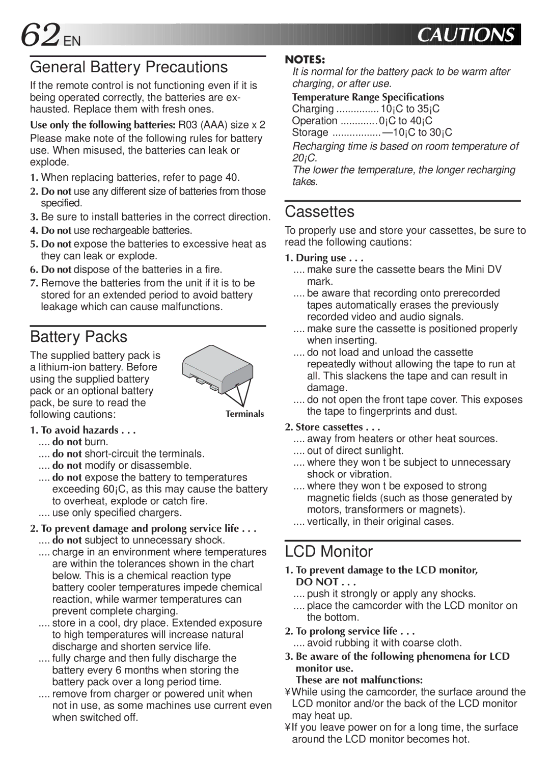 JVC GR-DVL9200 specifications To avoid hazards, During use, Store cassettes, To prevent damage to the LCD monitor, do not 