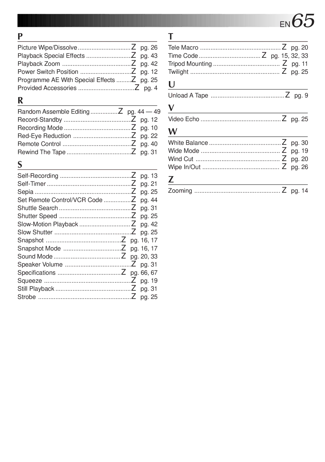 JVC GR-DVL9200 specifications EN65, Playback Zoom, Time Code, Wide Mode Wind Cut Wipe In/Out Zooming 