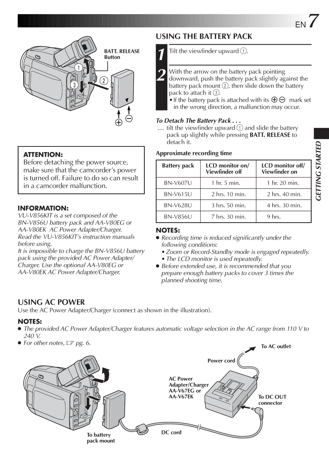 JVC GR-DVL9200 specifications EN7, Using the Battery Pack, Using AC Power, Information, To Detach The Battery Pack 