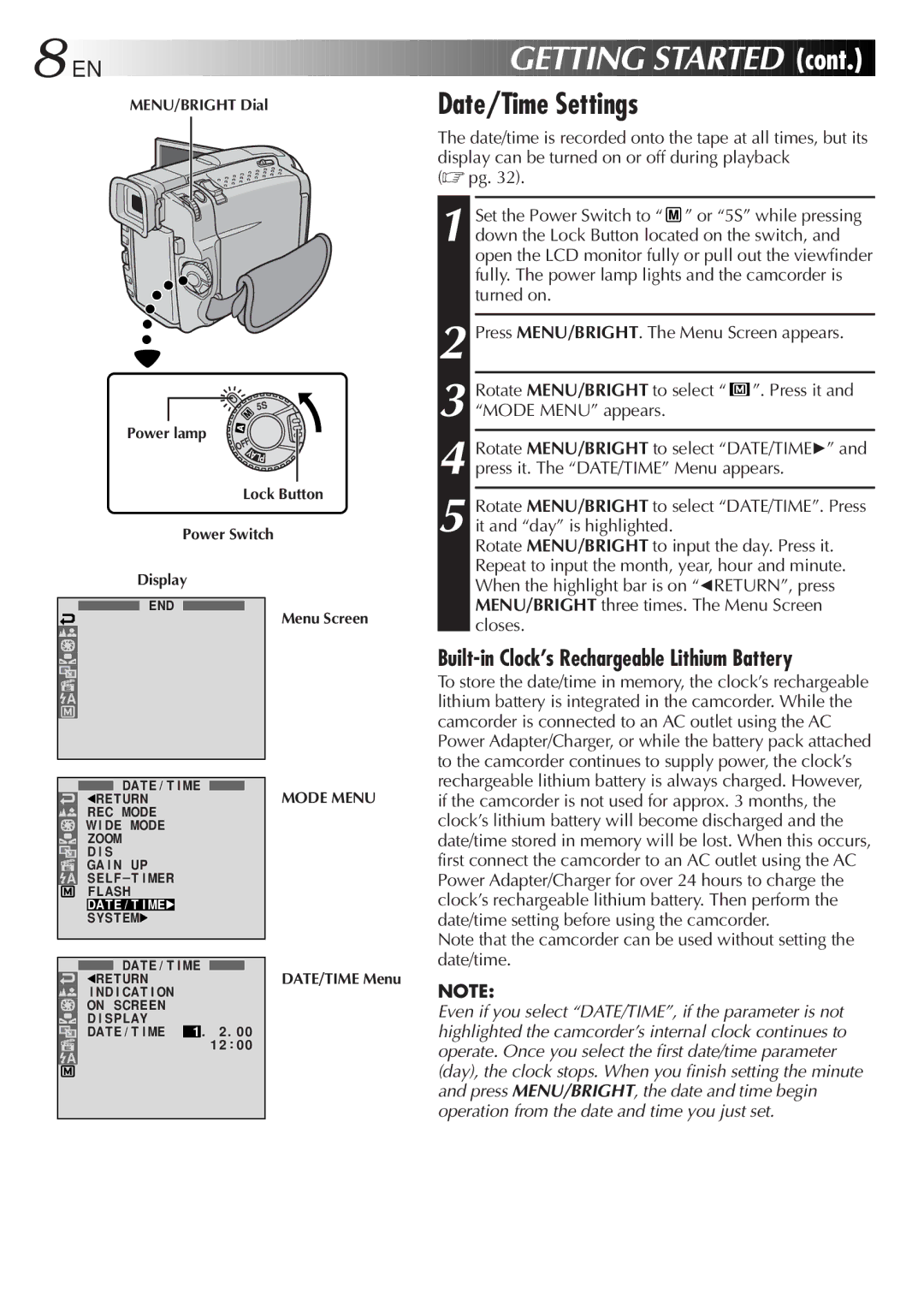 JVC GR-DVL9200 specifications Date/Time Settings 