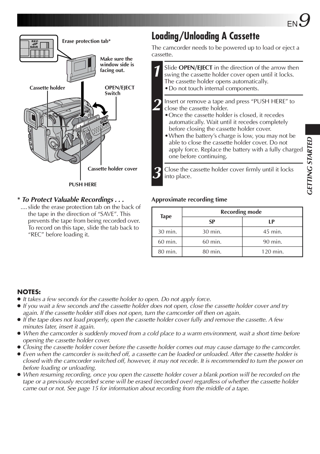 JVC GR-DVL9200 specifications Loading/Unloading a Cassette, EN9 