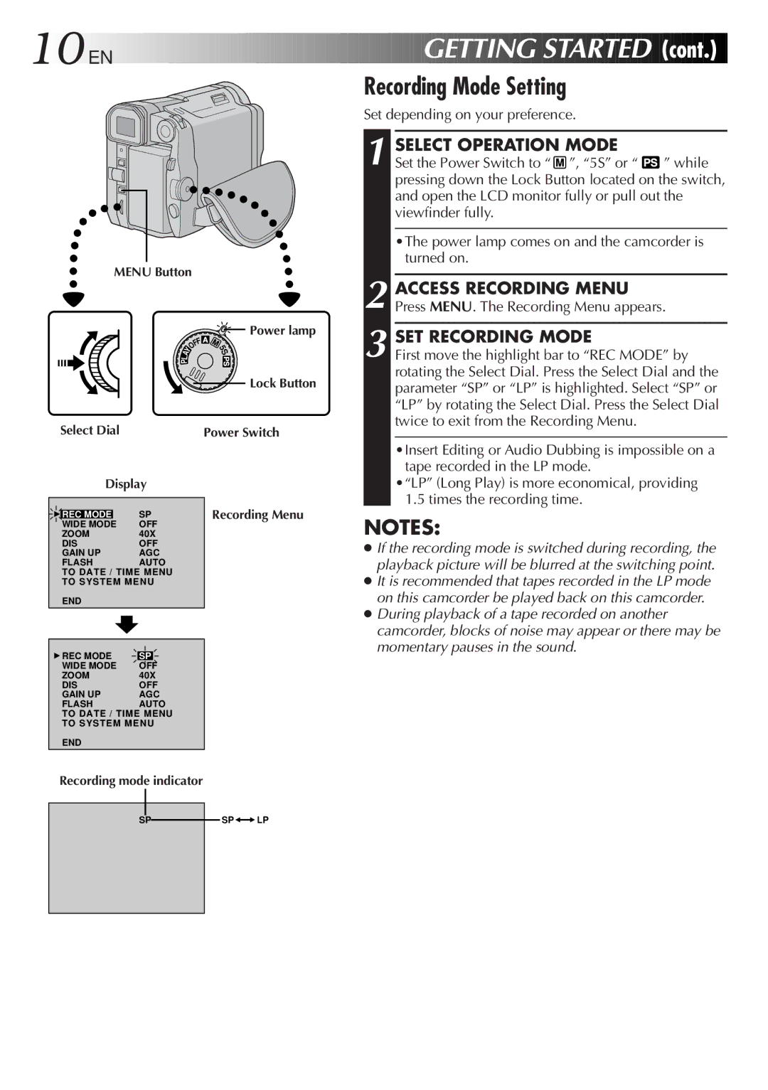 JVC GR-DVL9600 10 EN, Recording Mode Setting, SET Recording Mode, Set depending on your preference, Recording Menu 