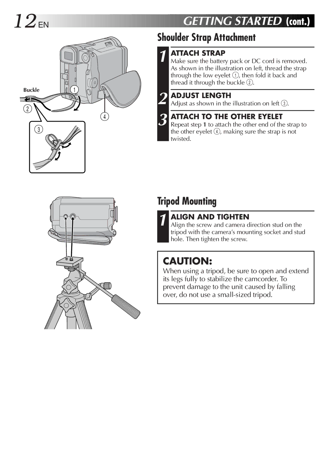 JVC GR-DVL9600 specifications 12 EN, Shoulder Strap Attachment, Tripod Mounting 