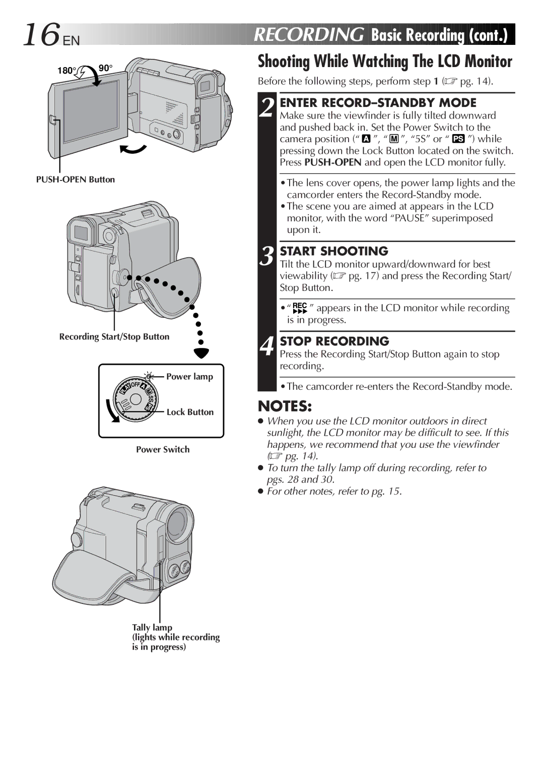 JVC GR-DVL9600 specifications 16 EN, Shooting While Watching The LCD Monitor, Before the following steps, perform pg 