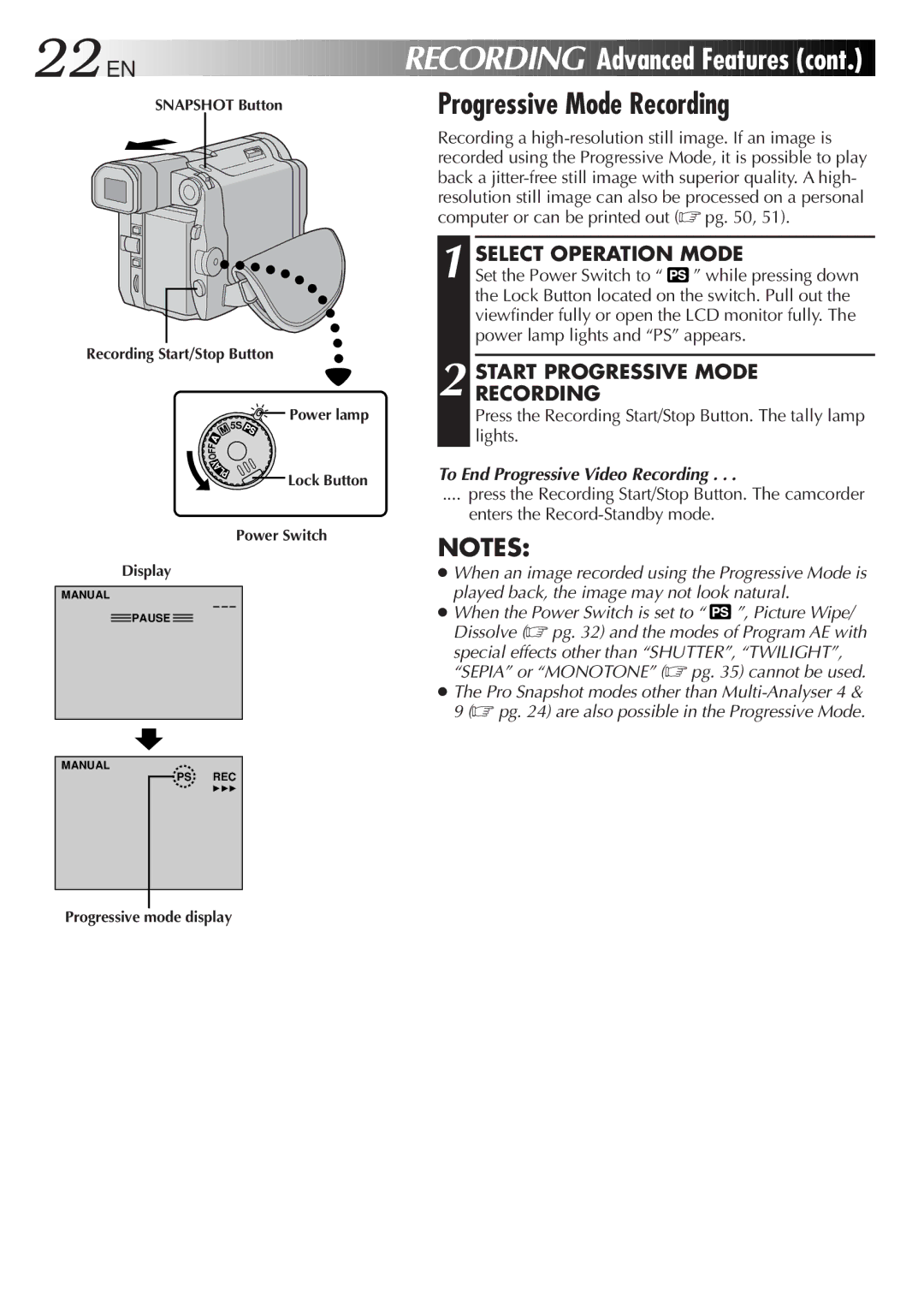 JVC GR-DVL9600 specifications 22 EN, Start Progressive Mode Recording, To End Progressive Video Recording 