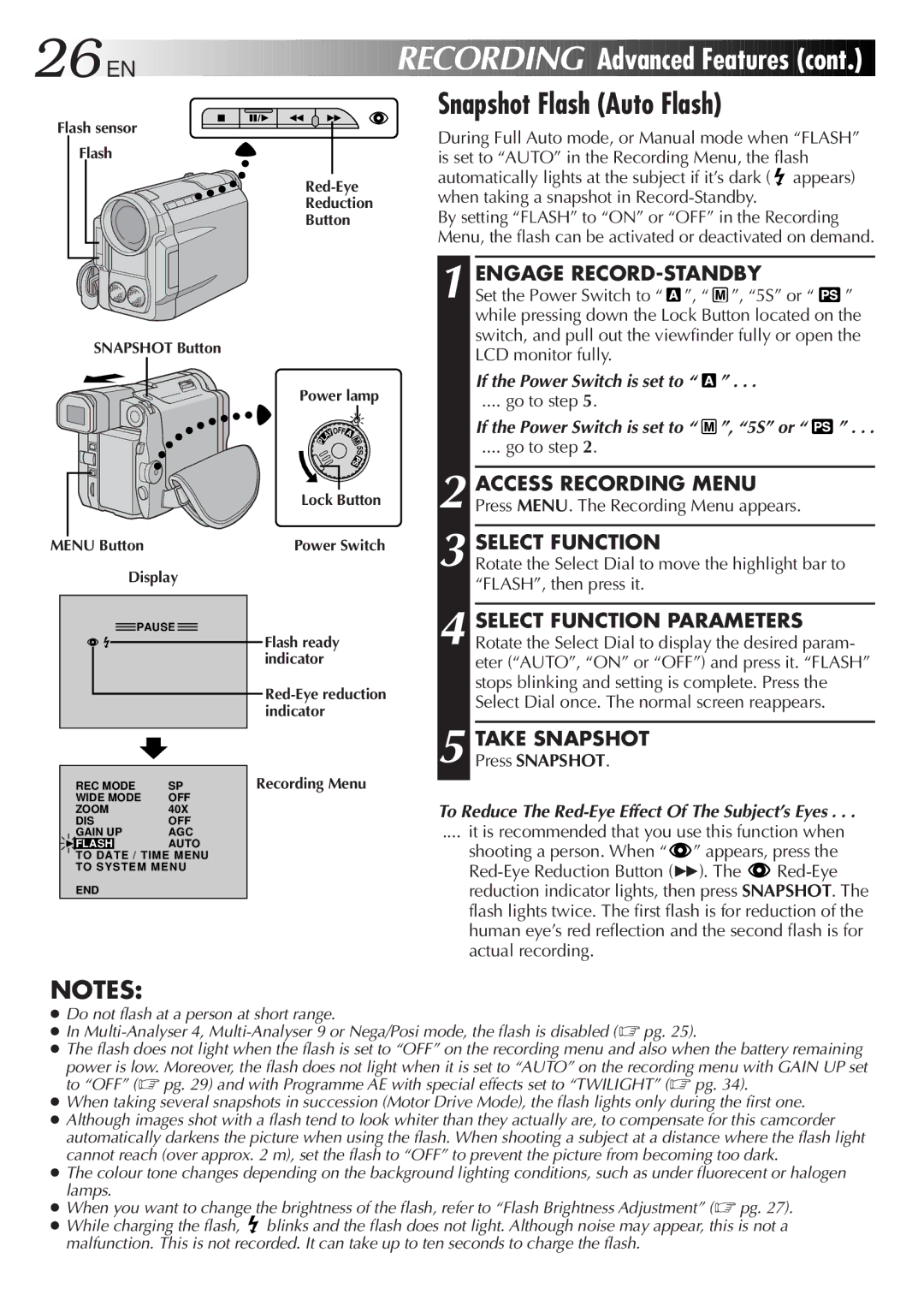 JVC GR-DVL9600 26 EN, Snapshot Flash Auto Flash, Engage RECORD-STANDBY, Take Snapshot, If the Power Switch is set to 