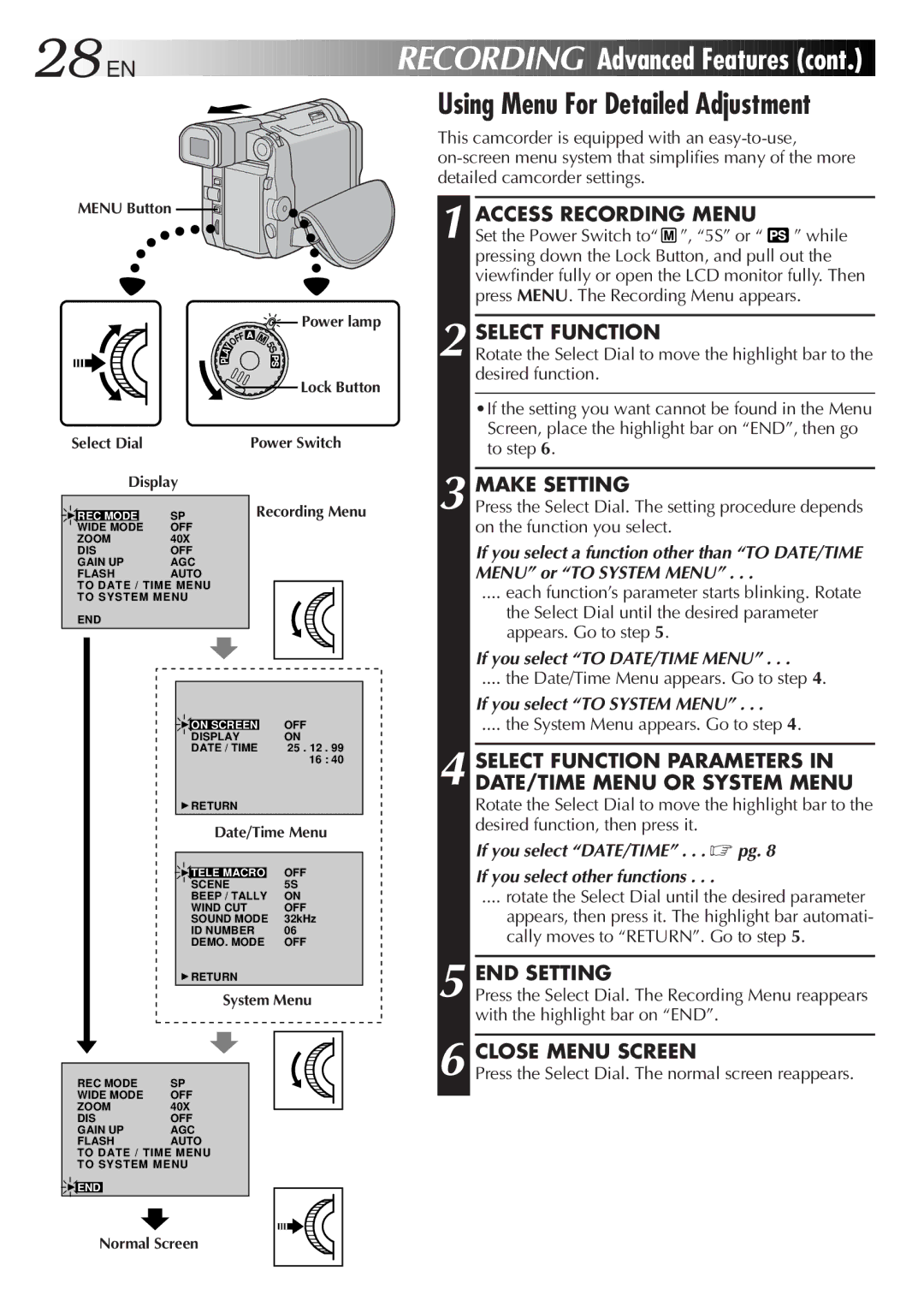 JVC GR-DVL9600 specifications 28 EN, Using Menu For Detailed Adjustment 