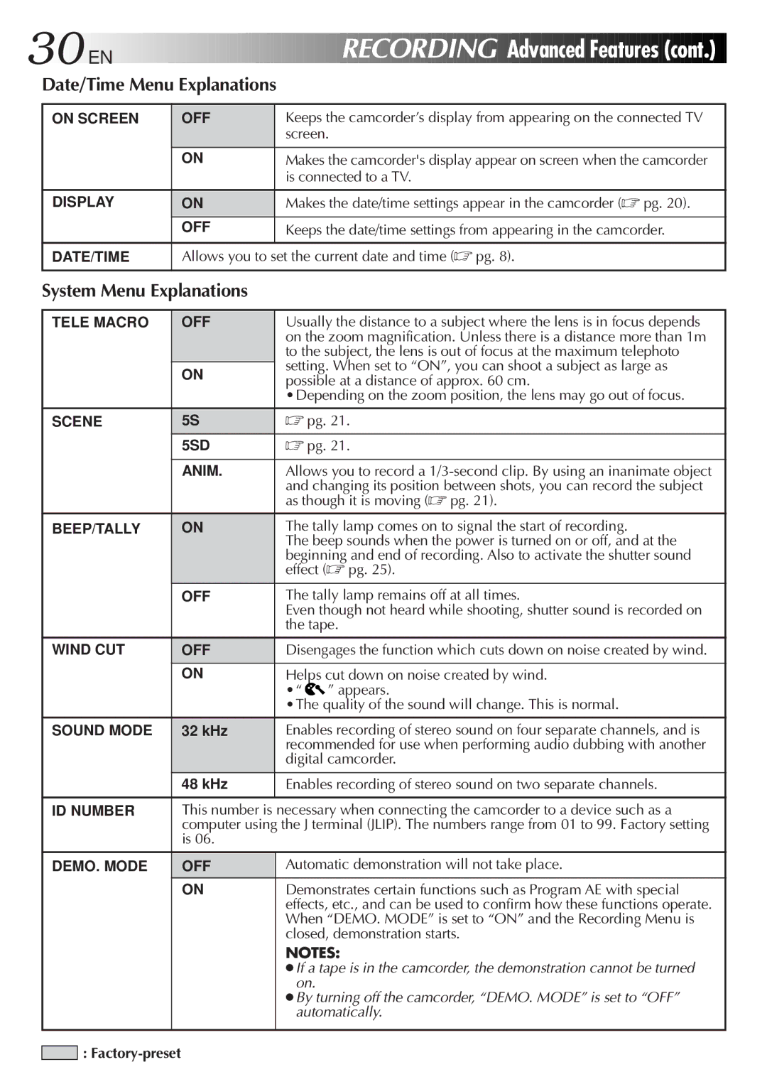 JVC GR-DVL9600 specifications 30 EN, Date/Time Menu Explanations, System Menu Explanations 