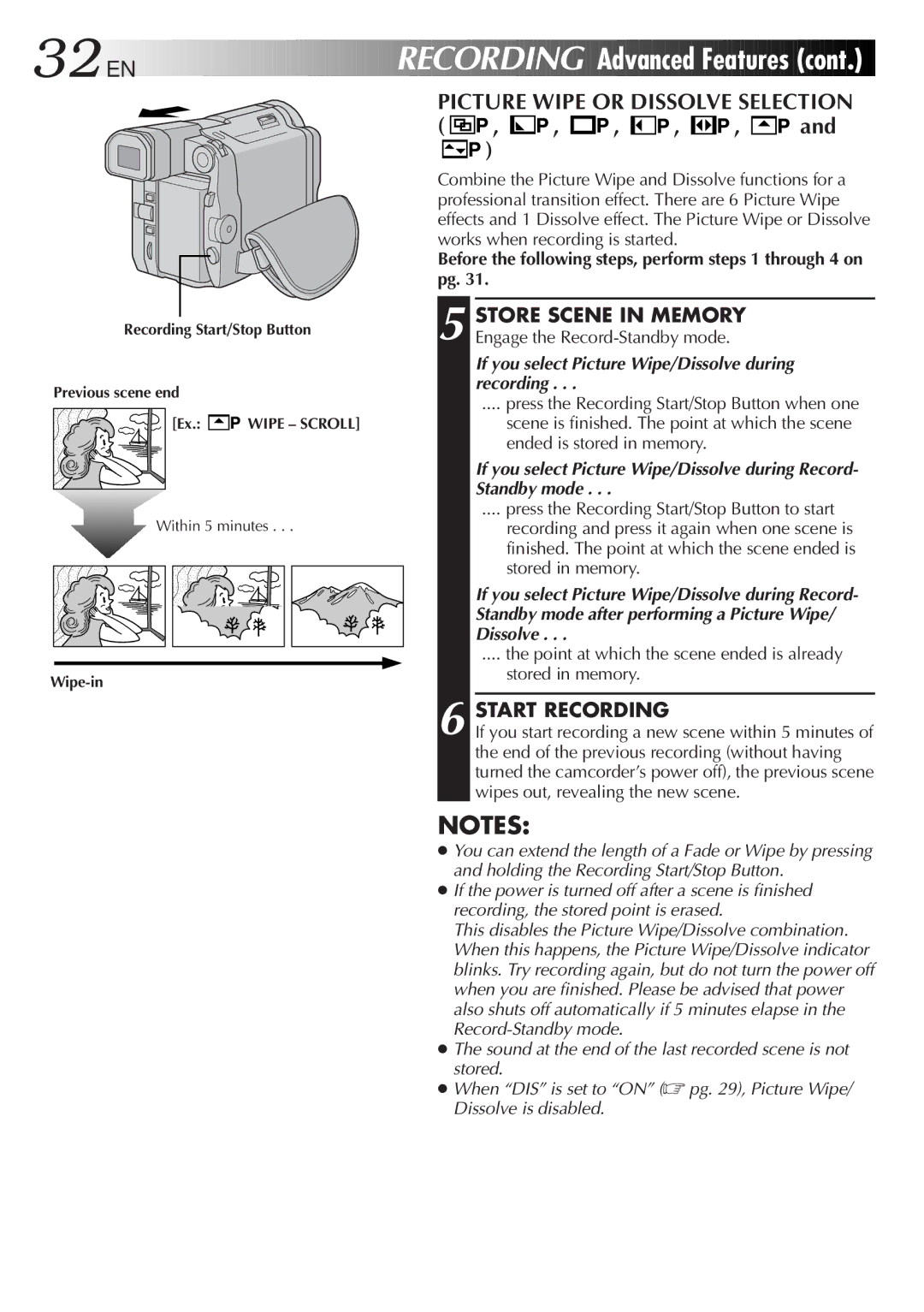 JVC GR-DVL9600 32 EN, Picture Wipe or Dissolve Selection, Before the following steps, perform steps 1 through 4 on pg 