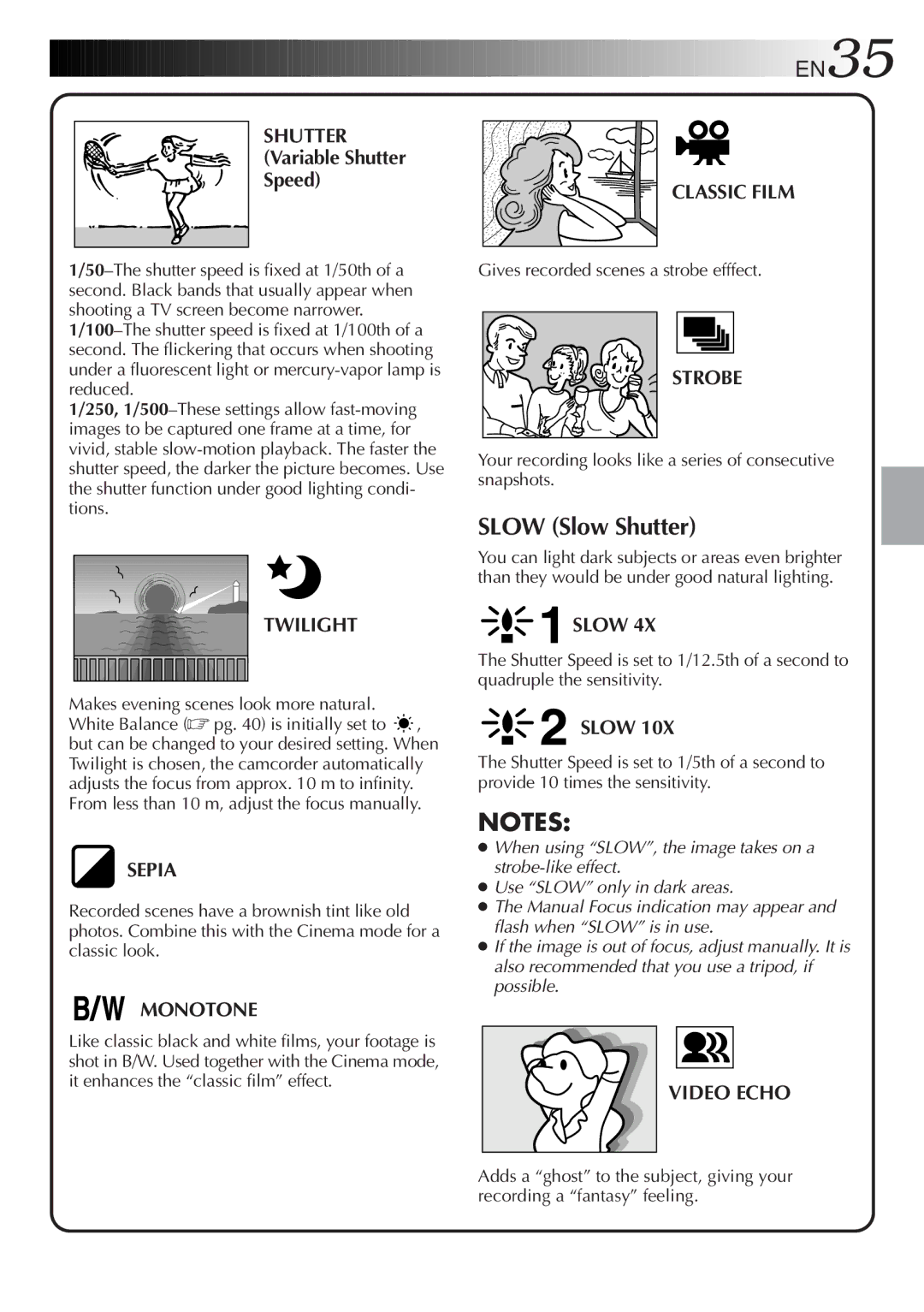 JVC GR-DVL9600 specifications Shutter, Classic Film, Twilight, Sepia, Strobe, Slow, Monotone, Video Echo 