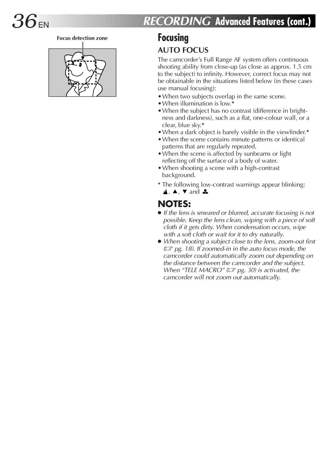 JVC GR-DVL9600 specifications 36 EN, Focusing, Auto Focus, Patterns that are regularly repeated, Focus detection zone 