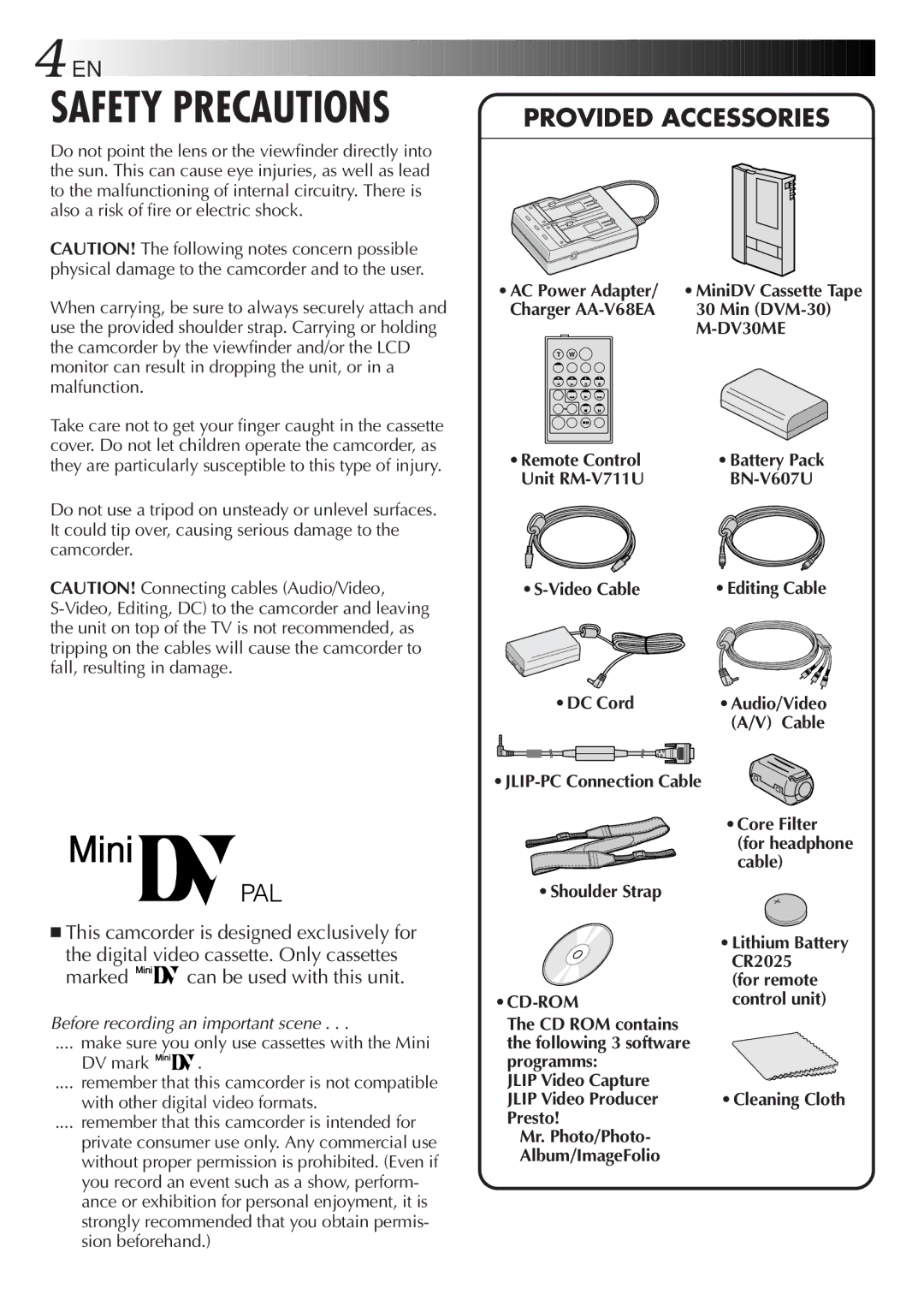 JVC GR-DVL9600 AC Power Adapter, Charger AA-V68EA Min DVM-30, Remote Control Unit RM-V711U Video Cable DC Cord 