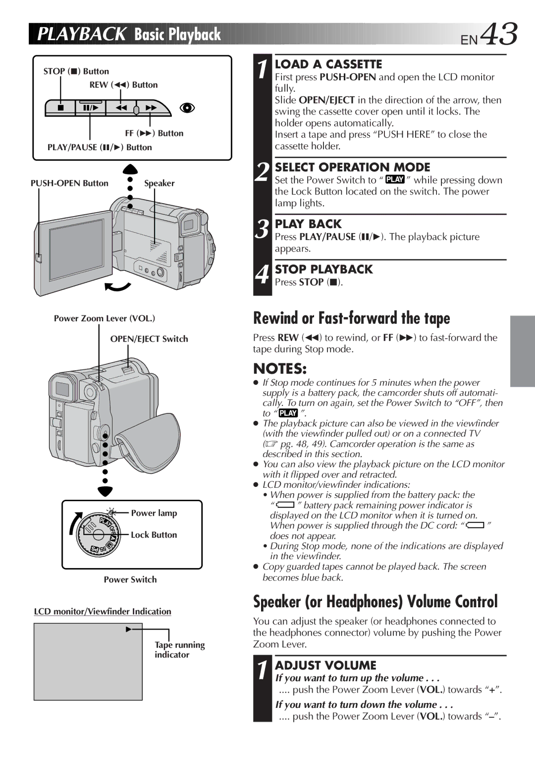 JVC GR-DVL9600 Playback Basic Playback, Rewind or Fast-forward the tape, Play Back, Stop Playback, Adjust Volume 