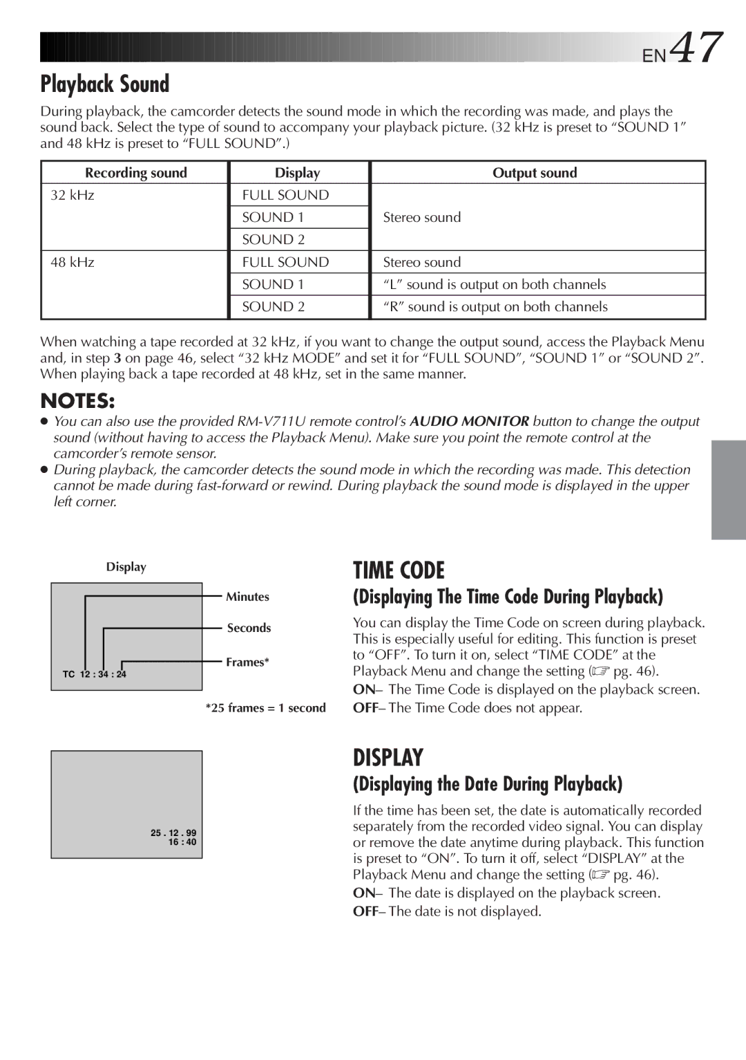 JVC GR-DVL9600 Playback Sound, Displaying The Time Code During Playback, Recording sound Display Output sound 