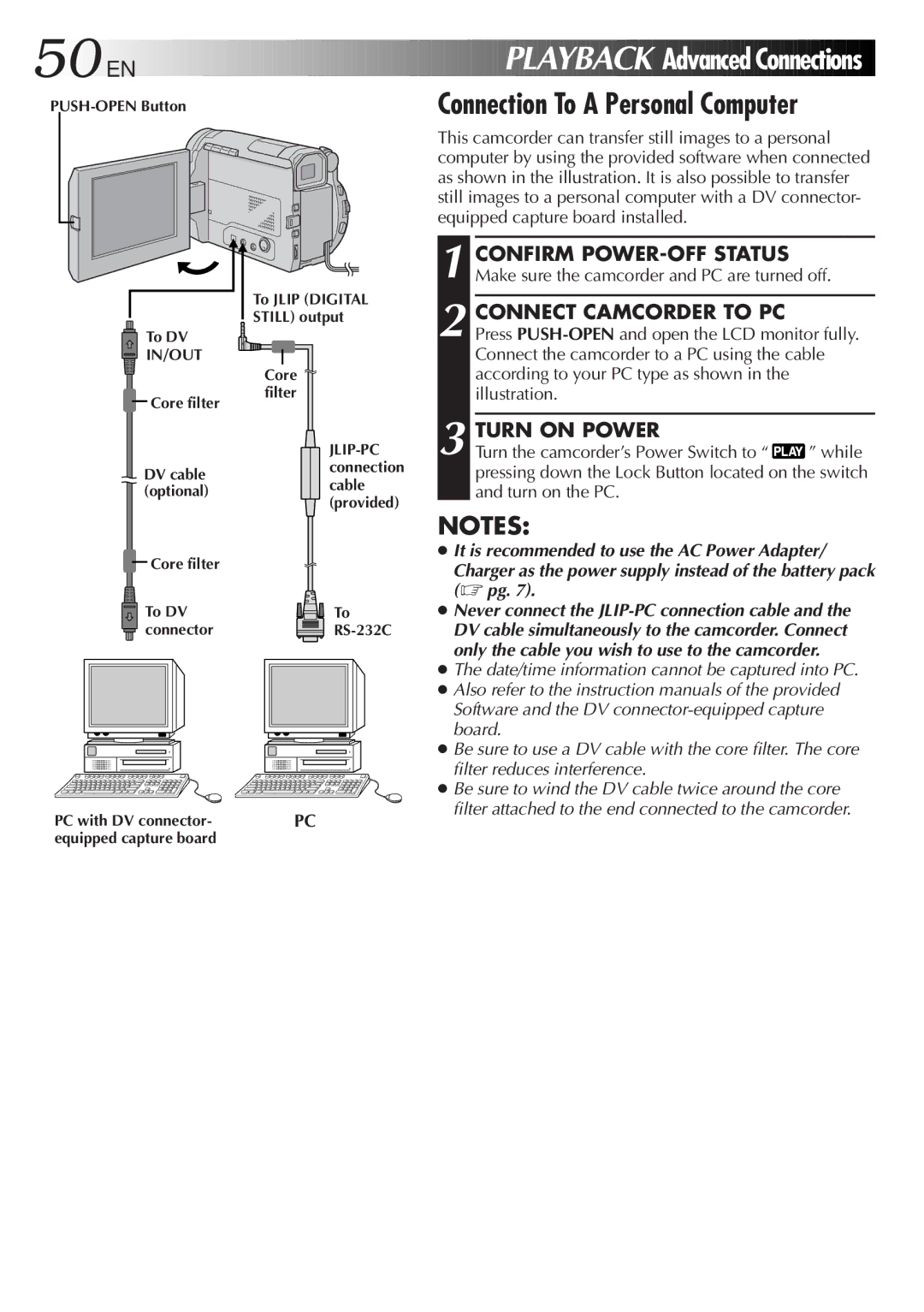 JVC GR-DVL9600 50 EN, Playback Advanced Connections, Connection To a Personal Computer, Connect Camcorder to PC 