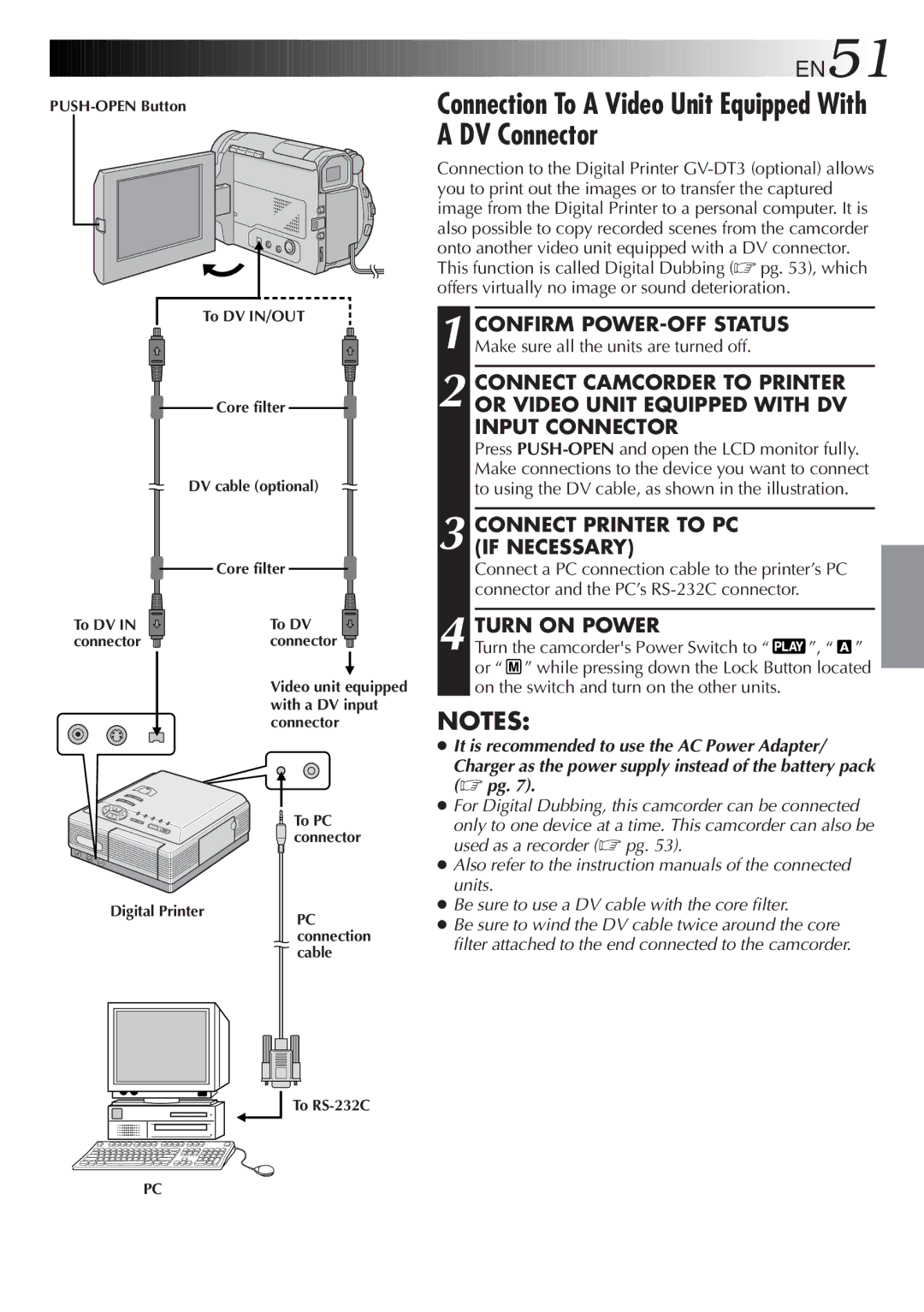 JVC GR-DVL9600 specifications Connection To a Video Unit Equipped With a DV Connector, Connect Printer to PC if Necessary 