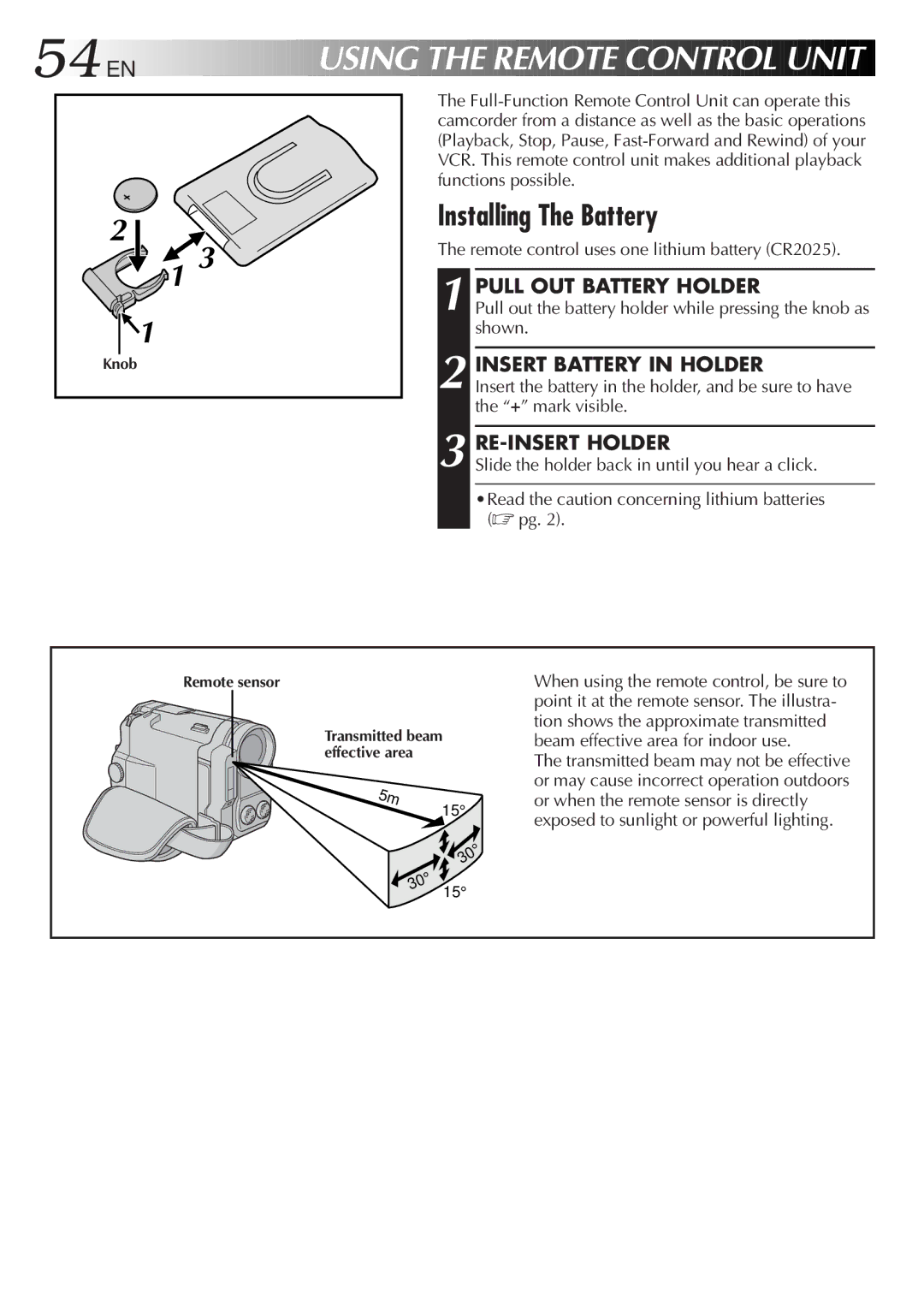 JVC GR-DVL9600 54EN, Installing The Battery, Pull OUT Battery Holder, Insert Battery in Holder, RE-INSERT Holder 