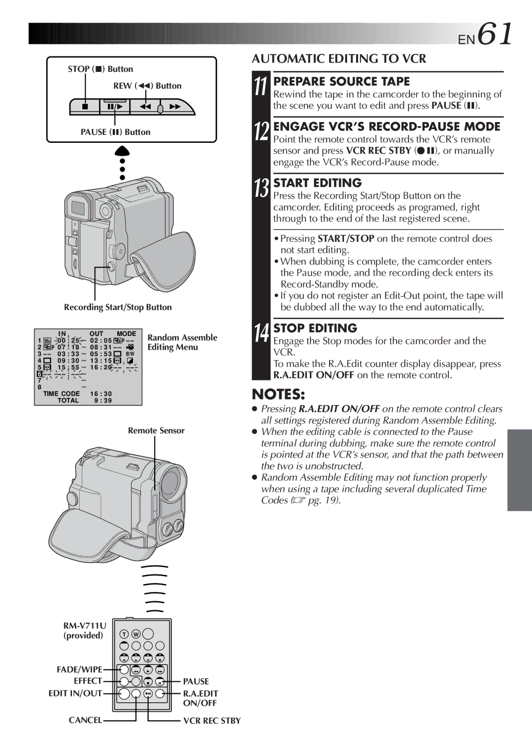 JVC GR-DVL9600 specifications Automatic Editing to VCR, Prepare Source Tape, Stop Editing, RM-V711U Provided T W 