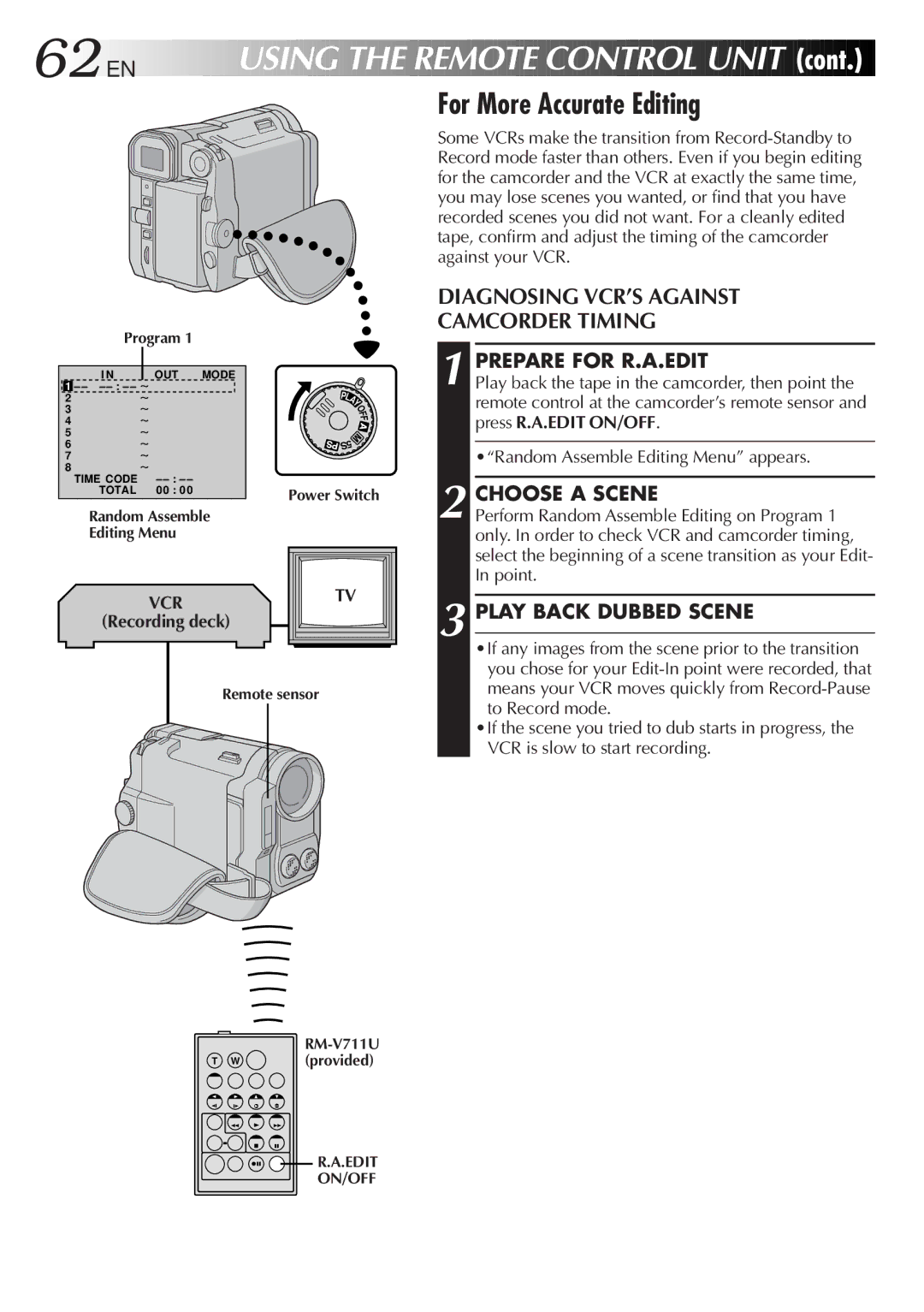 JVC GR-DVL9600 specifications 62 EN, For More Accurate Editing, Diagnosing VCR’S Against Camcorder Timing 