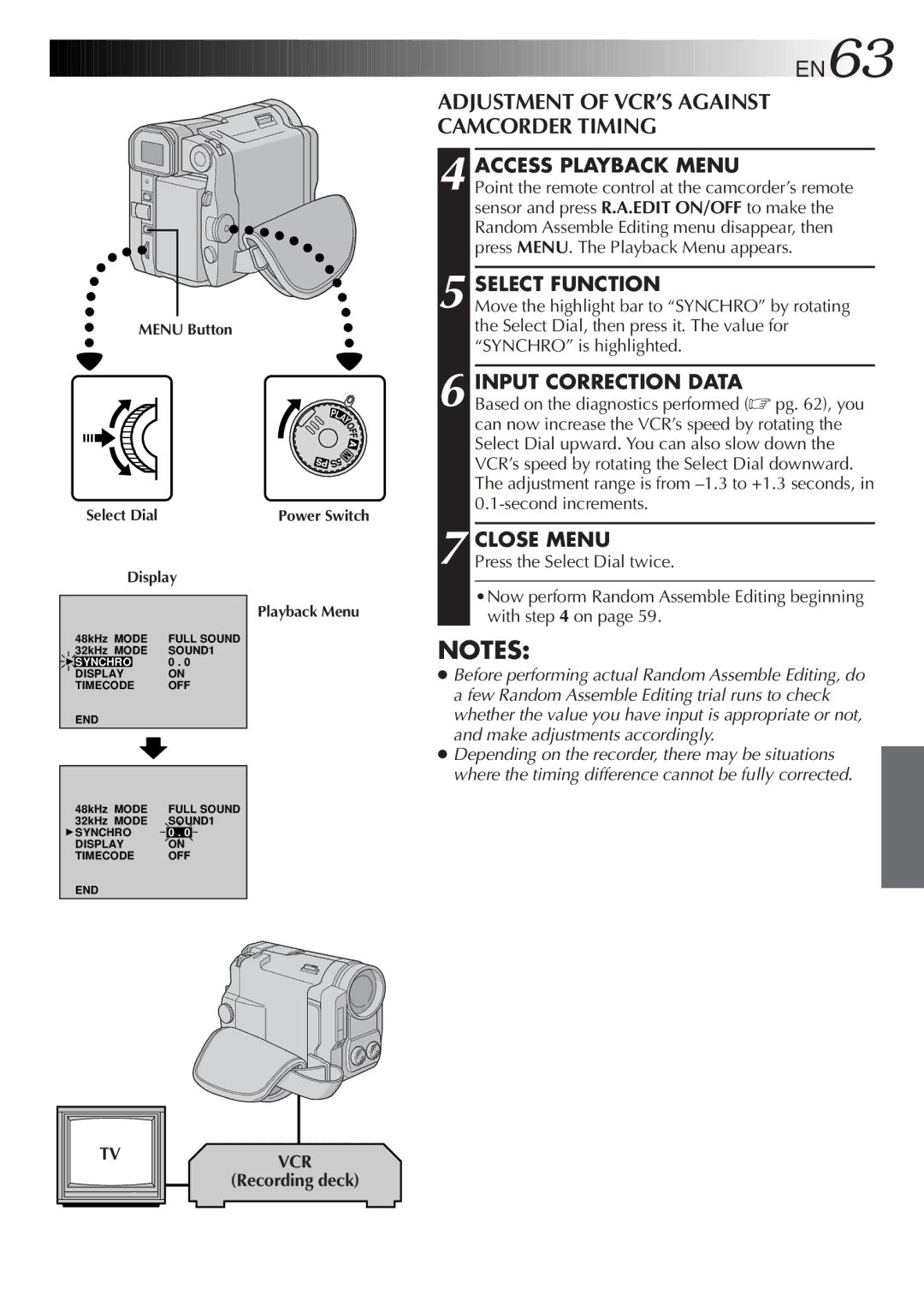 JVC GR-DVL9600 specifications Adjustment of VCR’S Against Camcorder Timing, Access Playback Menu, Input Correction Data 