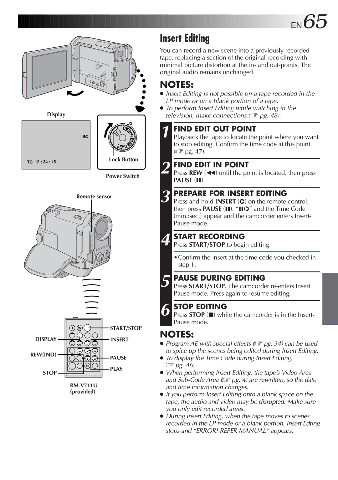 JVC GR-DVL9600 specifications Insert Editing, Find Edit OUT Point, Find Edit in Point, Pause During Editing 