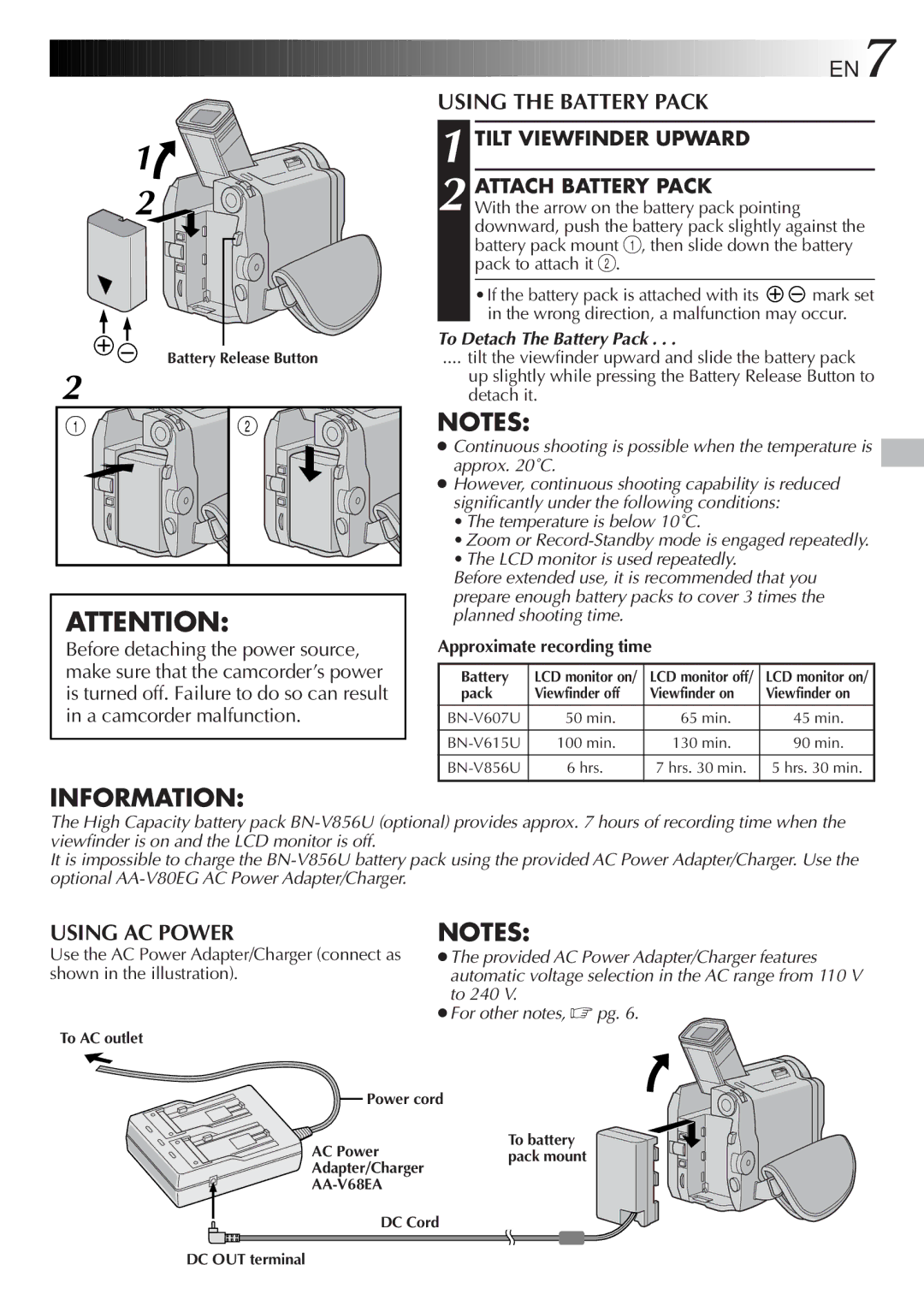 JVC GR-DVL9600 specifications Using the Battery Pack, Using AC Power, Tilt Viewfinder Upward Attach Battery Pack 